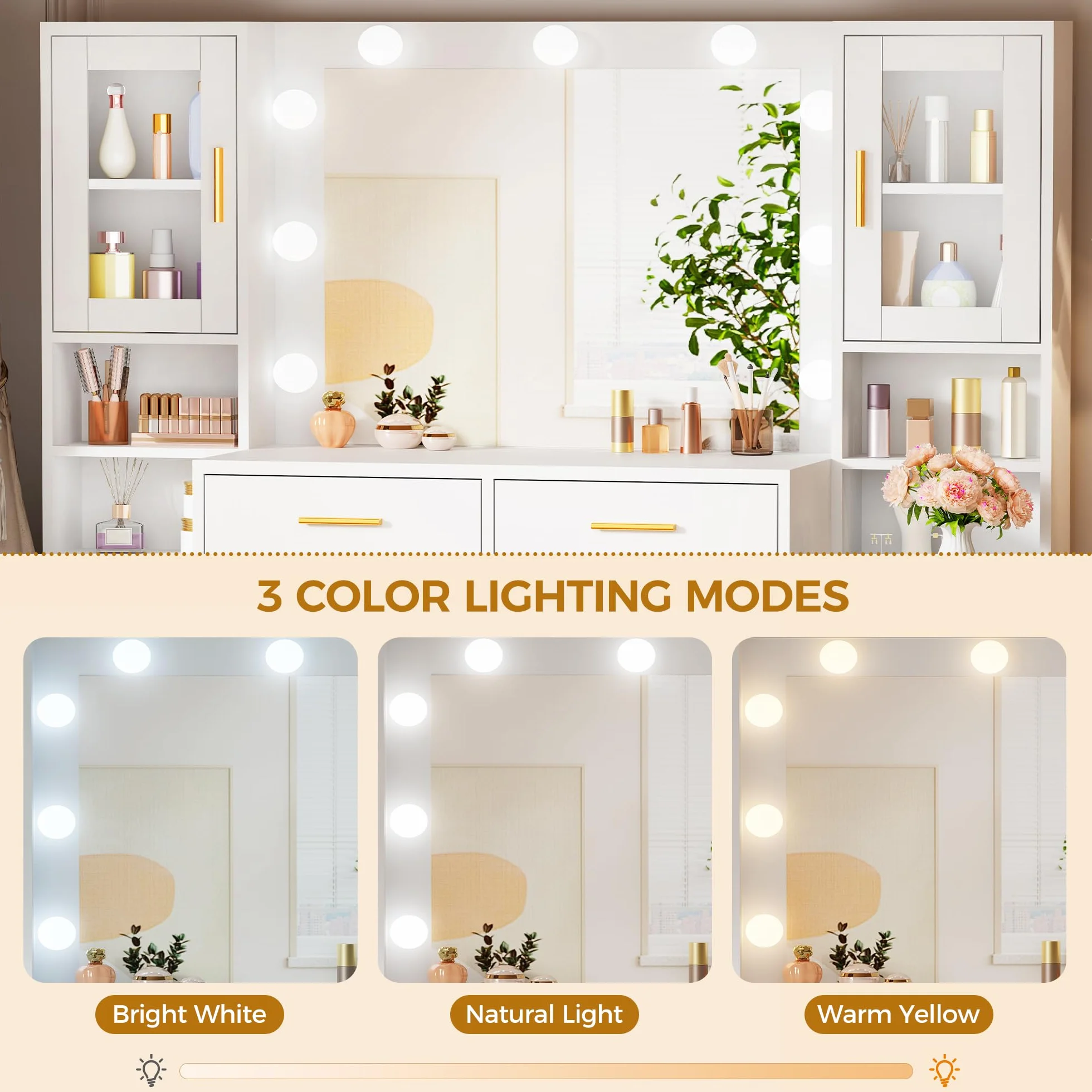 BEWISHOME Tocador de Maquillaje con Luces LED, Brillo Ajustable, 8 Cajones, Blanco EFST37W