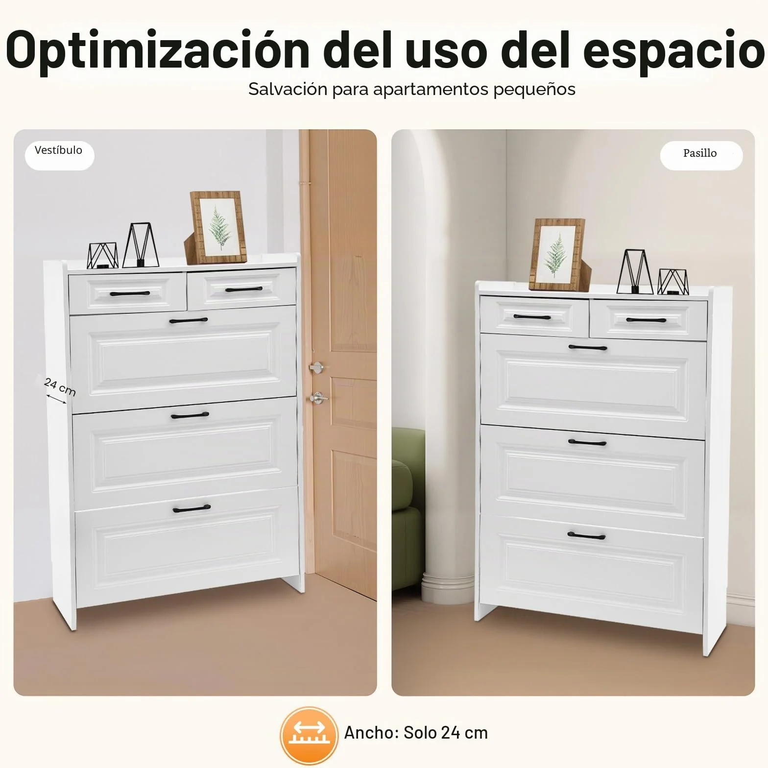 Zapatero estrecho de 80 x 24 x 120 cm, para 16 – 20 pares, zapatero blanco con 3 puertas abatibles, 2 cajones y estantes ajustables en altura, estrecho para pasillo, vestíbulo, salón