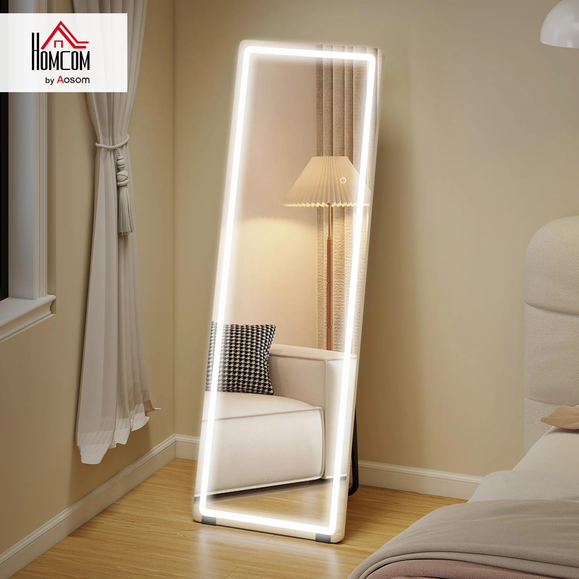 HOMCOM Espejo de Pie Cuerpo Entero con Luces, 150x50 cm, Espejo de Cuerpo Entero sin Marco, 3 Temperaturas de Color, Brillo Ajustable, Independiente, Apoyado y de Pared, para Dormitorio, Transparente