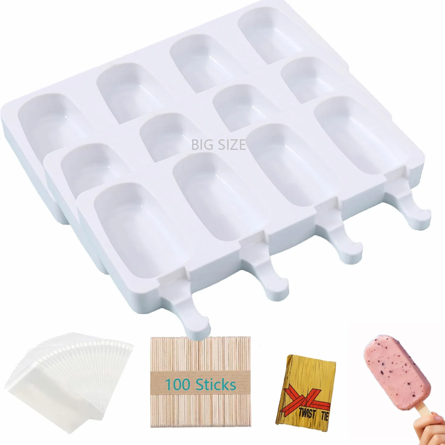 Moldes Helados Silicona con 100 Bolsas, Precintos y Palitos – Set Completo sin BPA para Helados Caseros Reutilizables