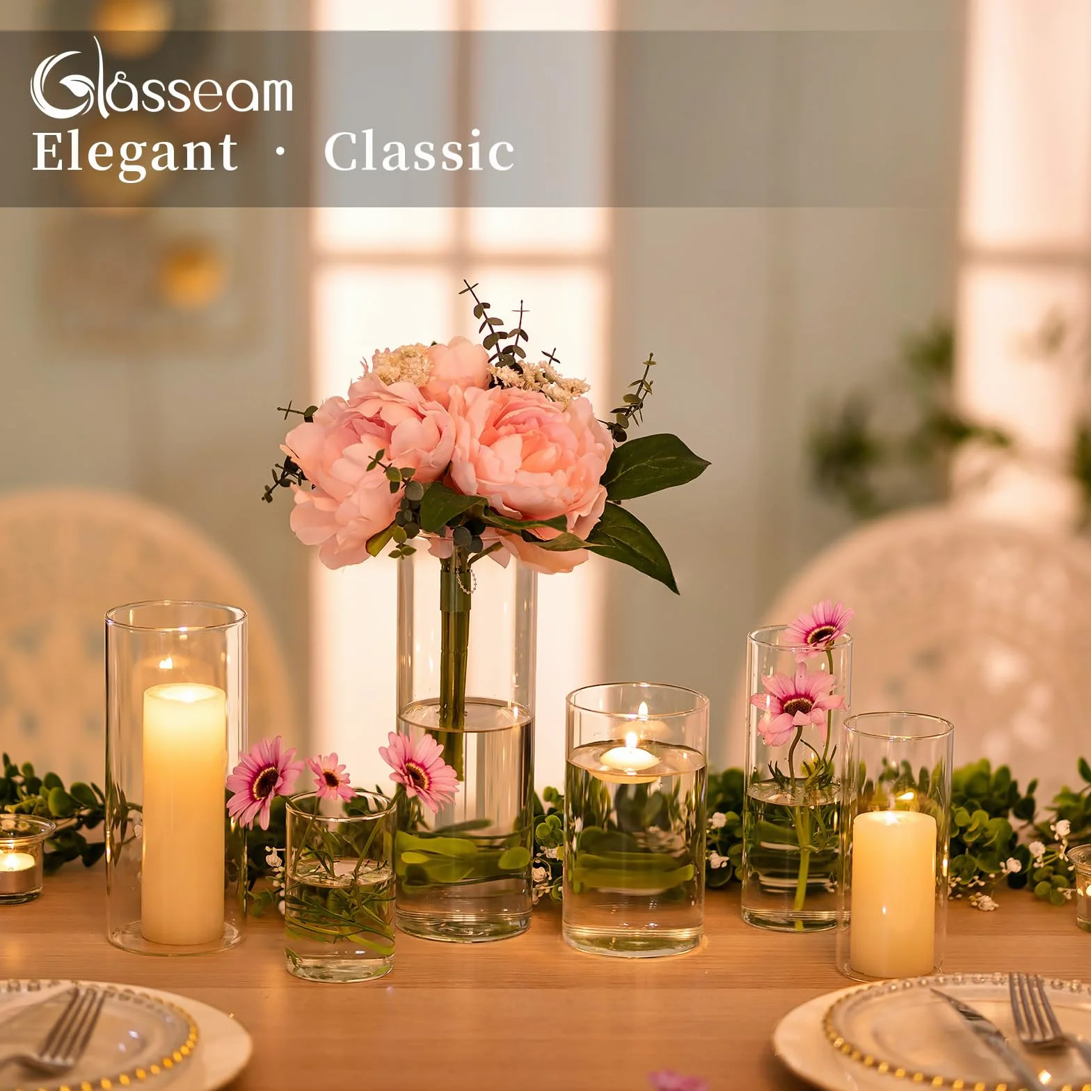 Glasseam Portavelas Huracán 24, Portavelas De Pilar para Decoración del Hogar, Jarrón Cilíndrico Transparente para Flores, Velas Votivas Flotantes, Decoración Navideña