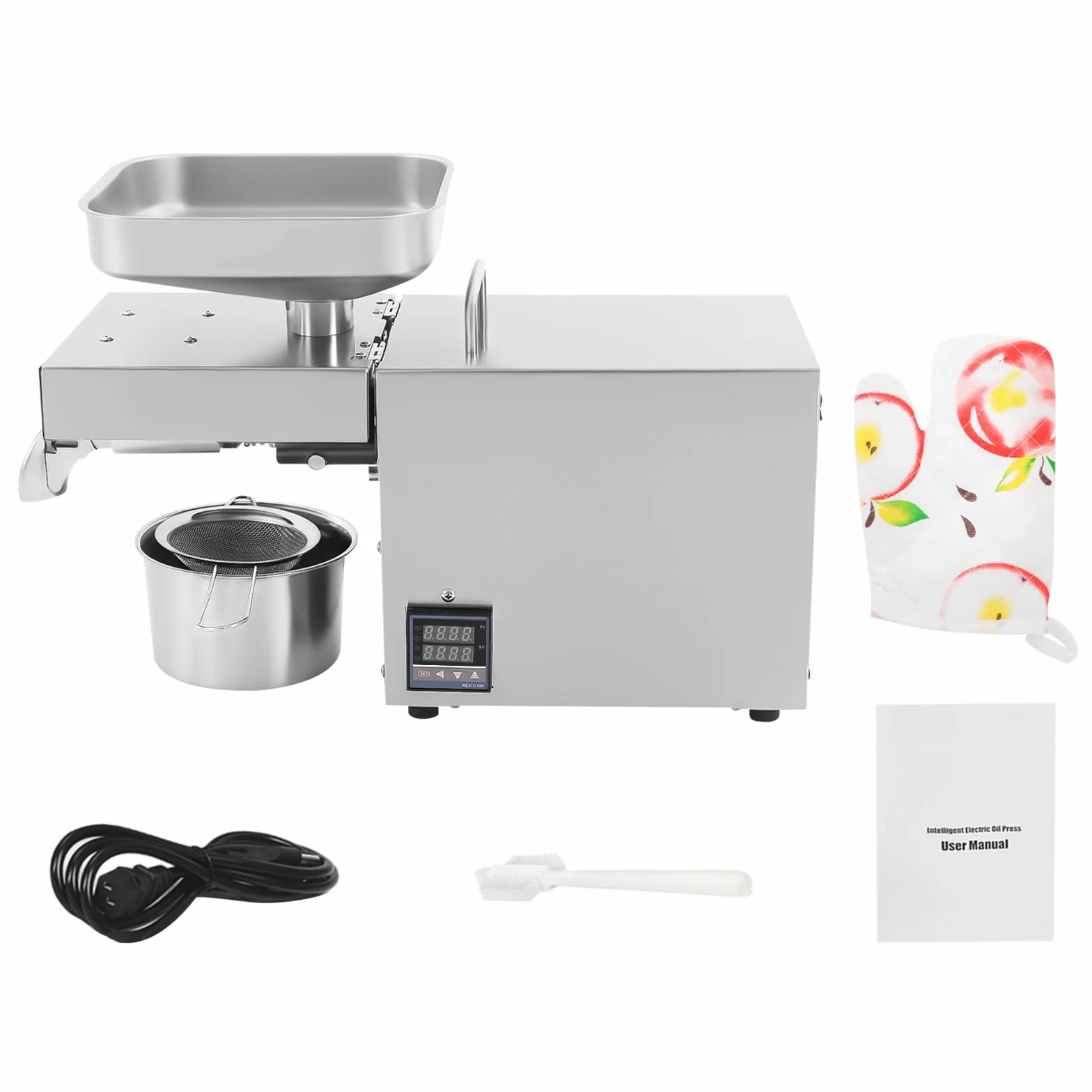 Prensa de aceite, máquina de prensa de aceite de acero inoxidable 1500W molino de aceite eléctrico con control de temperatura nueces cacahuetes máquina de prensa de aceite fría