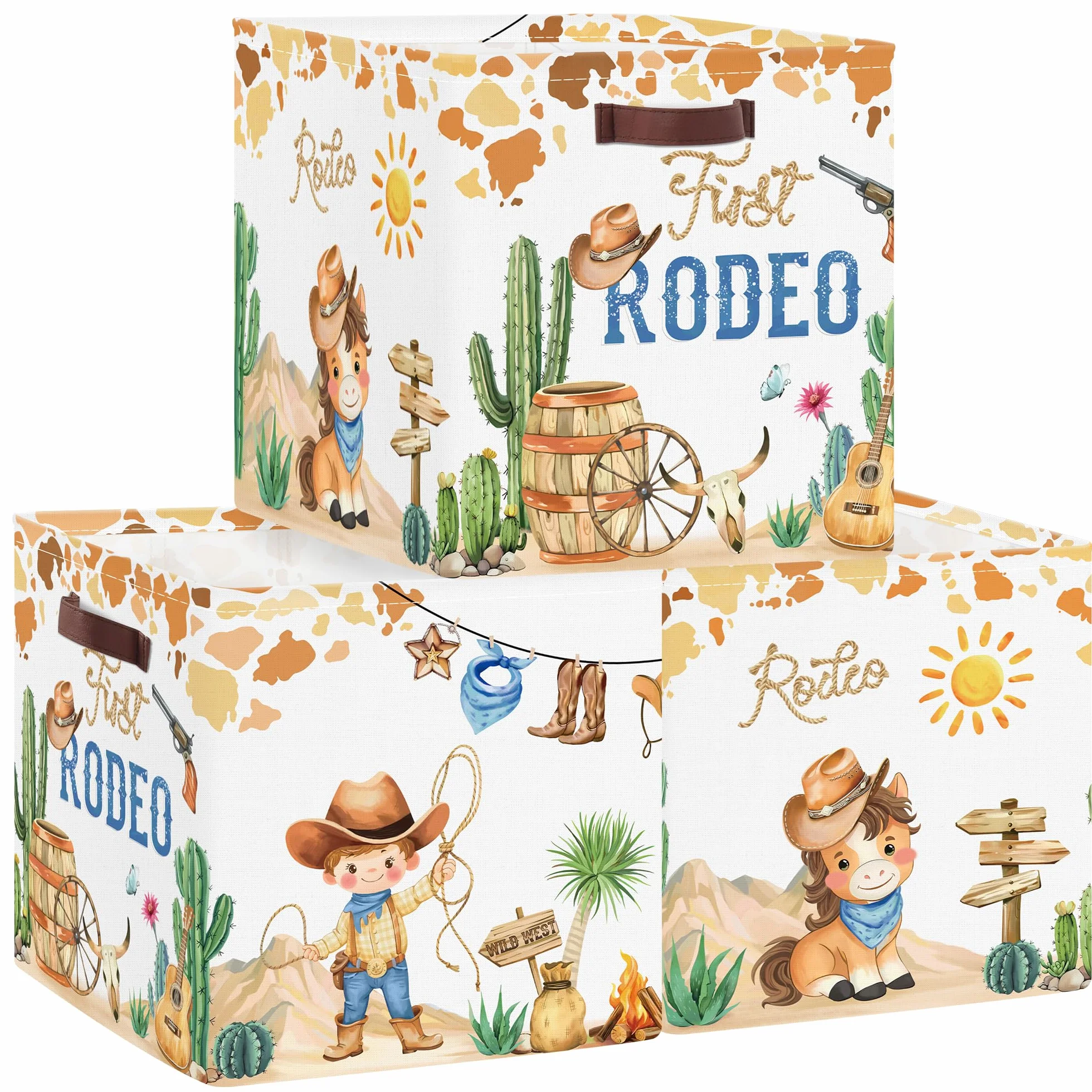 Clastyle Juego de 3 Cubos de Almacenamiento Vaqueros Retro Caja Organizadoras de Almacenaje Juguetes Libro para Infantil Cubo de Almacenaje Armario para Ropa Niño, Caballos, 30x30x30 cm