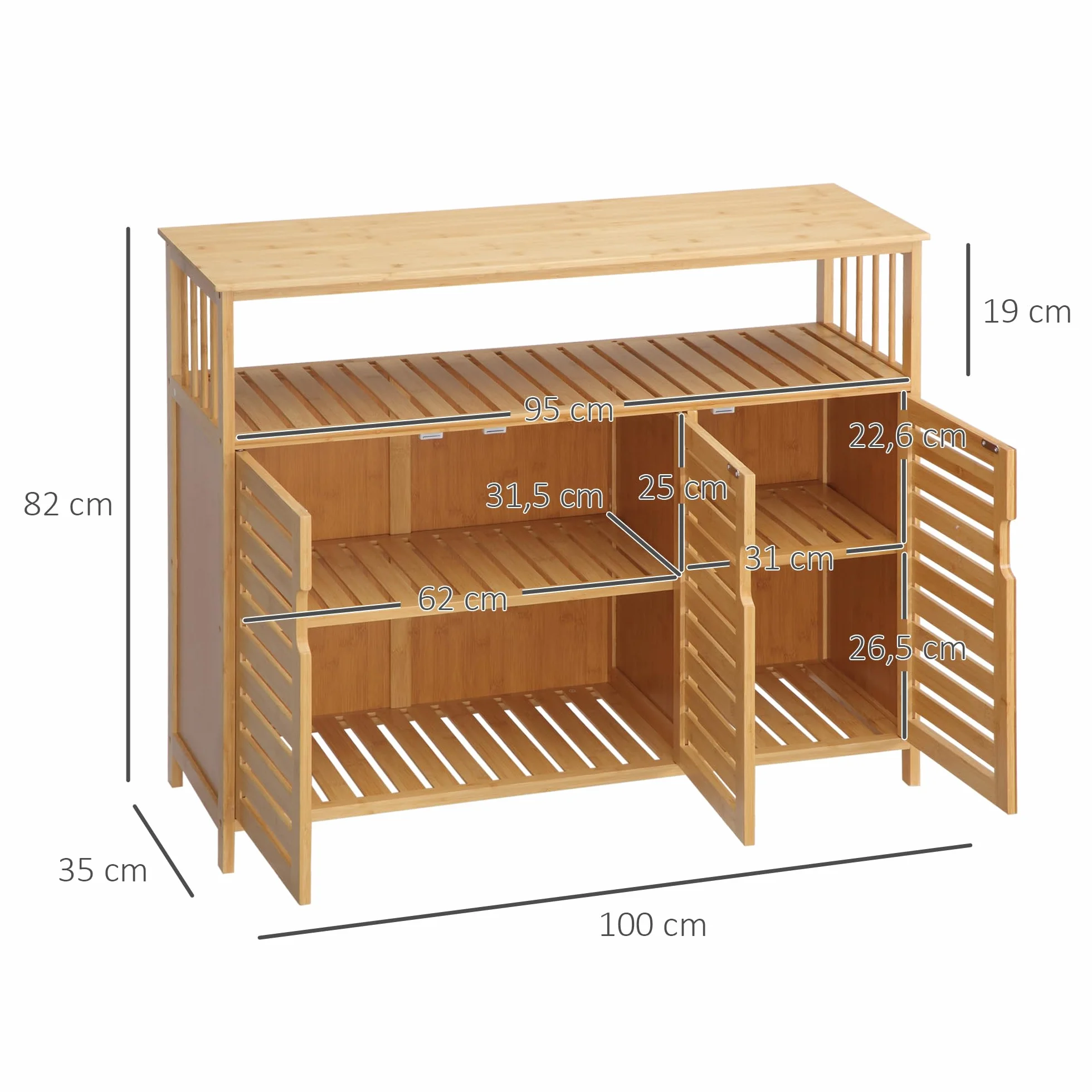 HOMCOM Aparador de 3 Puertas Ranuradas Aparador para Salón de Bambú con Estantes para Comedor Cocina Entrada Natural 100x35x82 cm