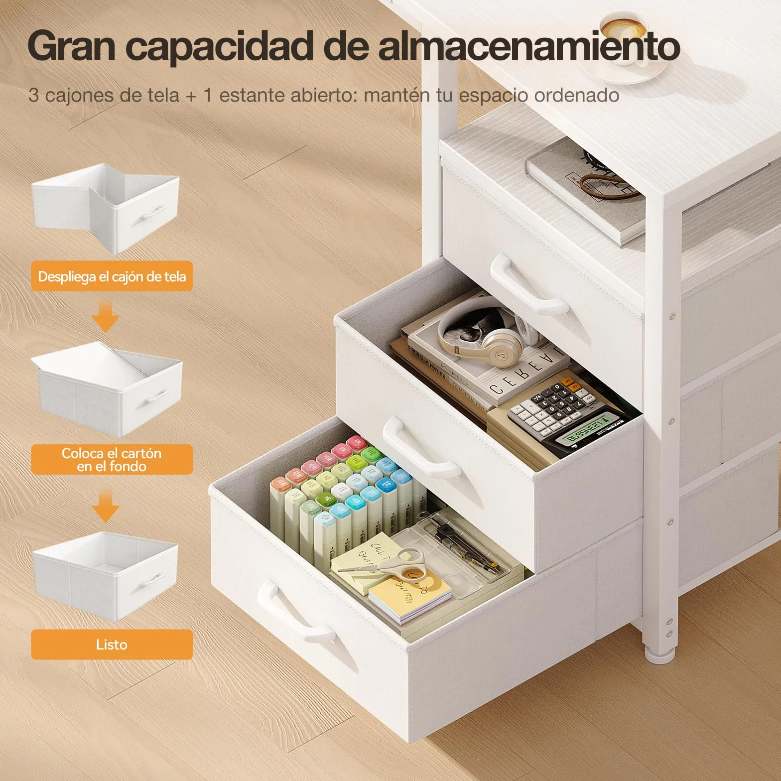 ODK Escritorio con 3 Cajones de Tela, 100x48cm Mesa de Ordenador con Estantes Escritorio Oficina con Puerto y Toma de Carga USB para Oficina, Salón, Hogar, Blanco