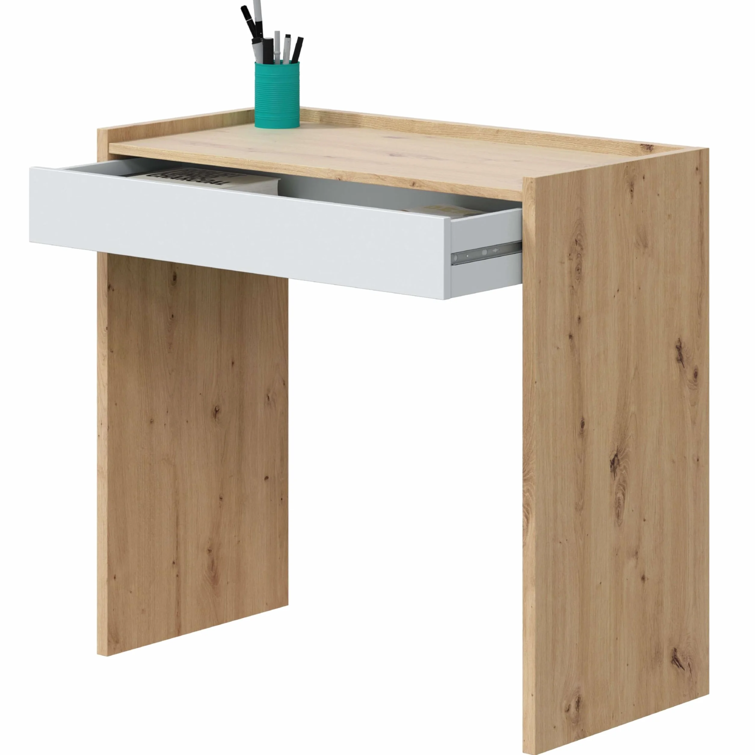 Habitdesign Mesa de Estudio Noa con Cajon 81,5x40x77cm Blanco Artik Roble Nodi