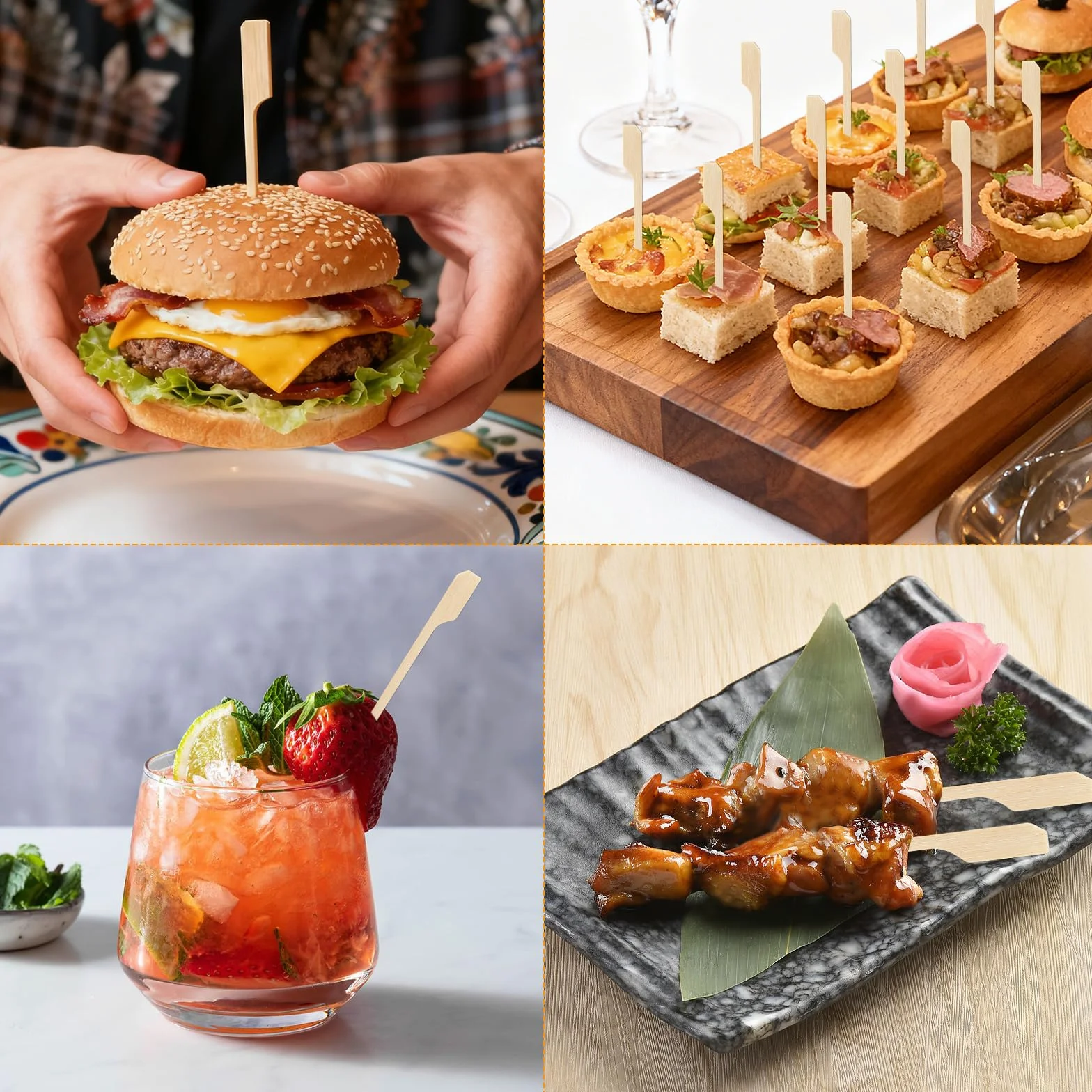 Palillos para Aperitivos de Bambú 9cm, Brochetas de Madera para Cócteles, Barbacoas y Frutas