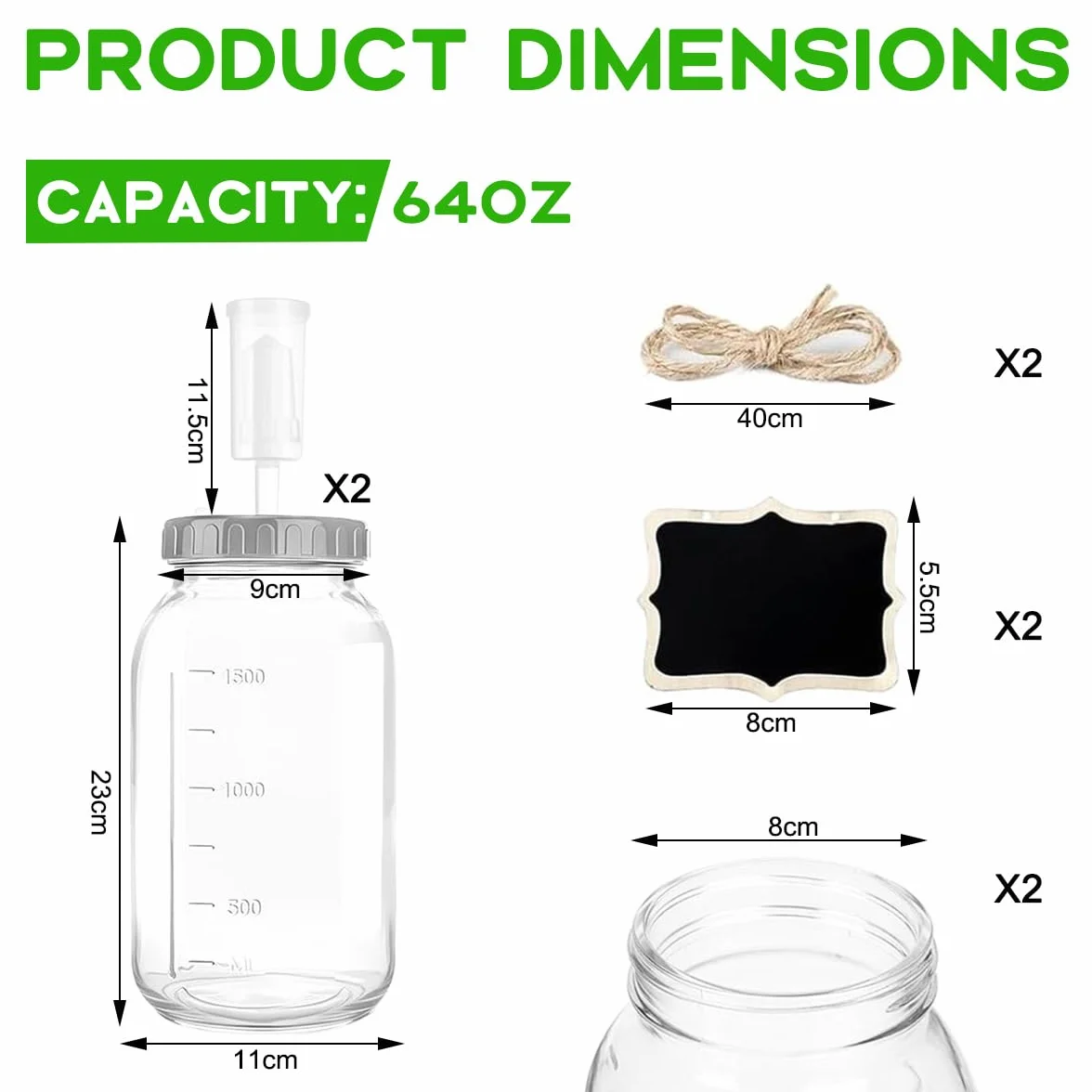 2 PCS Tarros de Fermentación 2L con Tapa, Kit de Fermentación con Cierre de Aire,Recipiente deFermentación de Vidrio, Kit de Fermentaciones con Etiquetas Cuerdas para Chucrut Kéfir Kimchi