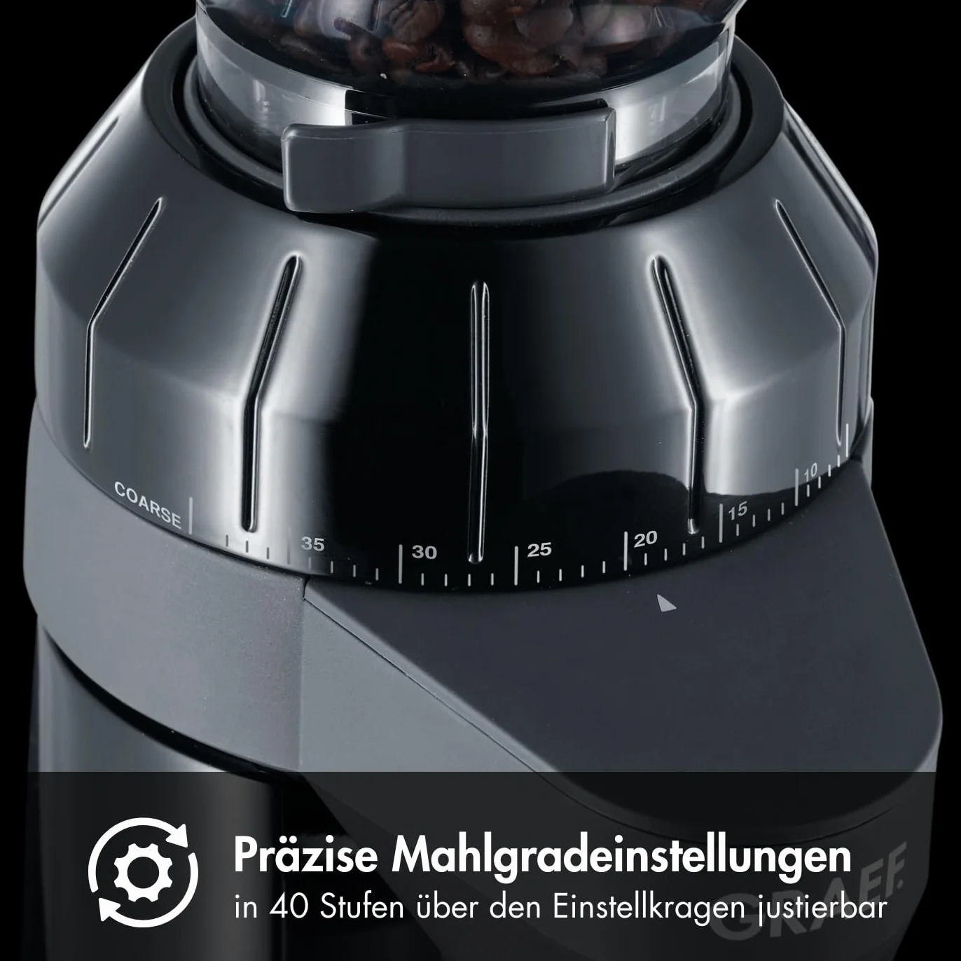 GRAEF CM802 Molinillo de Café Eléctrico 128W, 350g, Cuerpo Aluminio, Molino Cónico Inox, 40 Niveles, Portafiltro, Antiestático, Negro