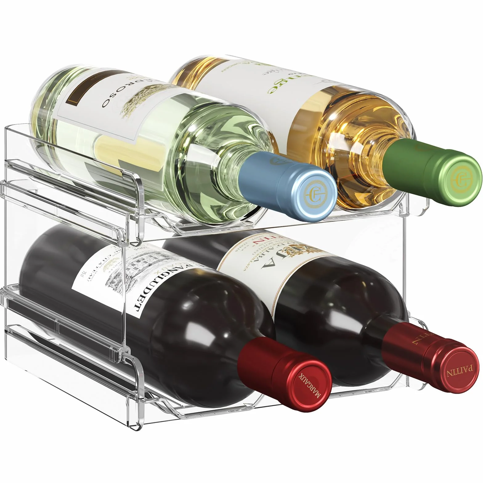 Lifewit Botellero apilable de plástico para Nevera, Armario, encimera, Soporte para Botellas de Vino, Organizador de Botellas de Agua para Nevera, despensa, Capacidad para 4 Botellas,Transparente