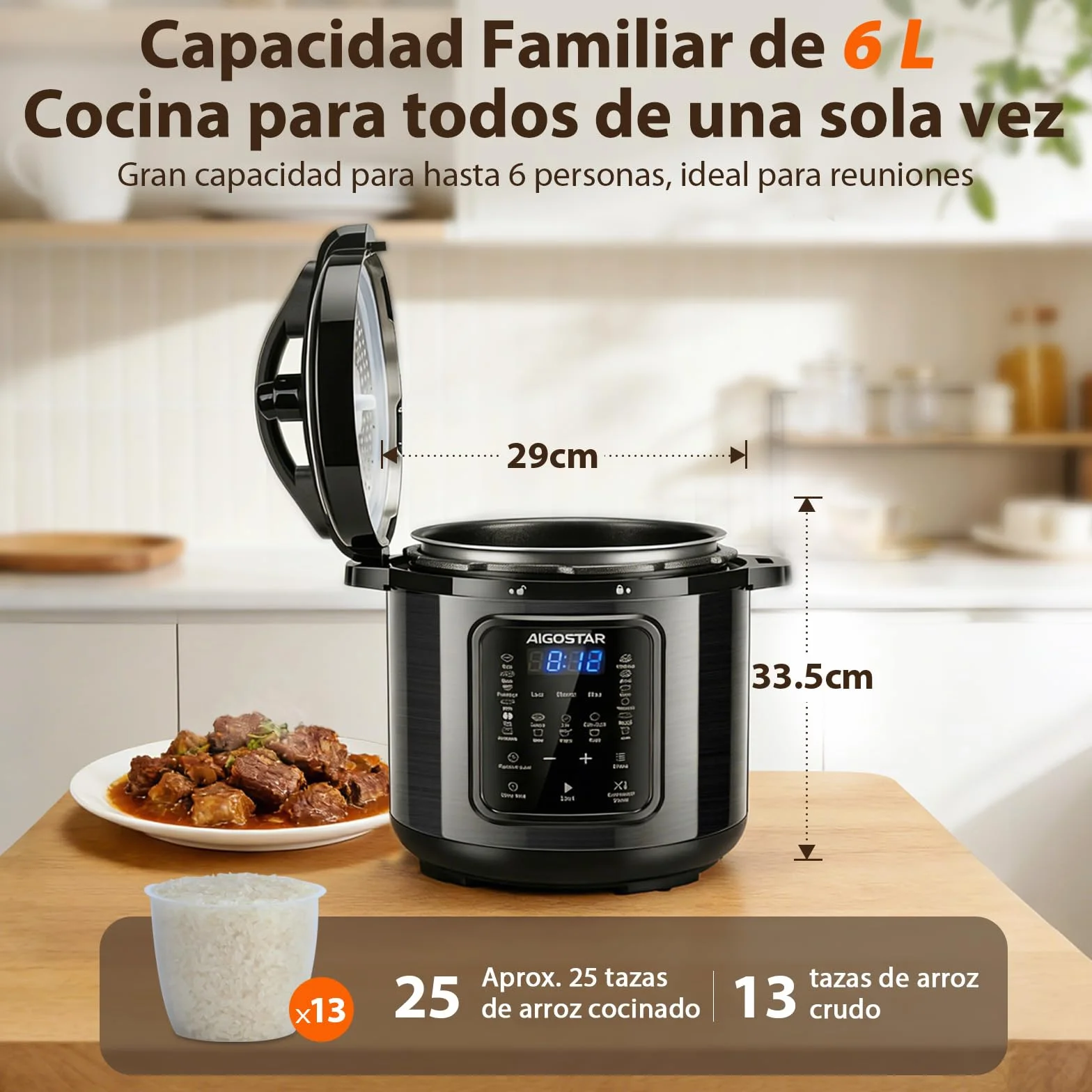 Aigostar Derrick Black - Olla Eléctrica Programable 6 litros, 18 Menús, Programable 24 horas, Panel LED Táctil, Recipiente Extraíble Antiadherente, Temperatura ajustable, Presión ajustable, 1000W