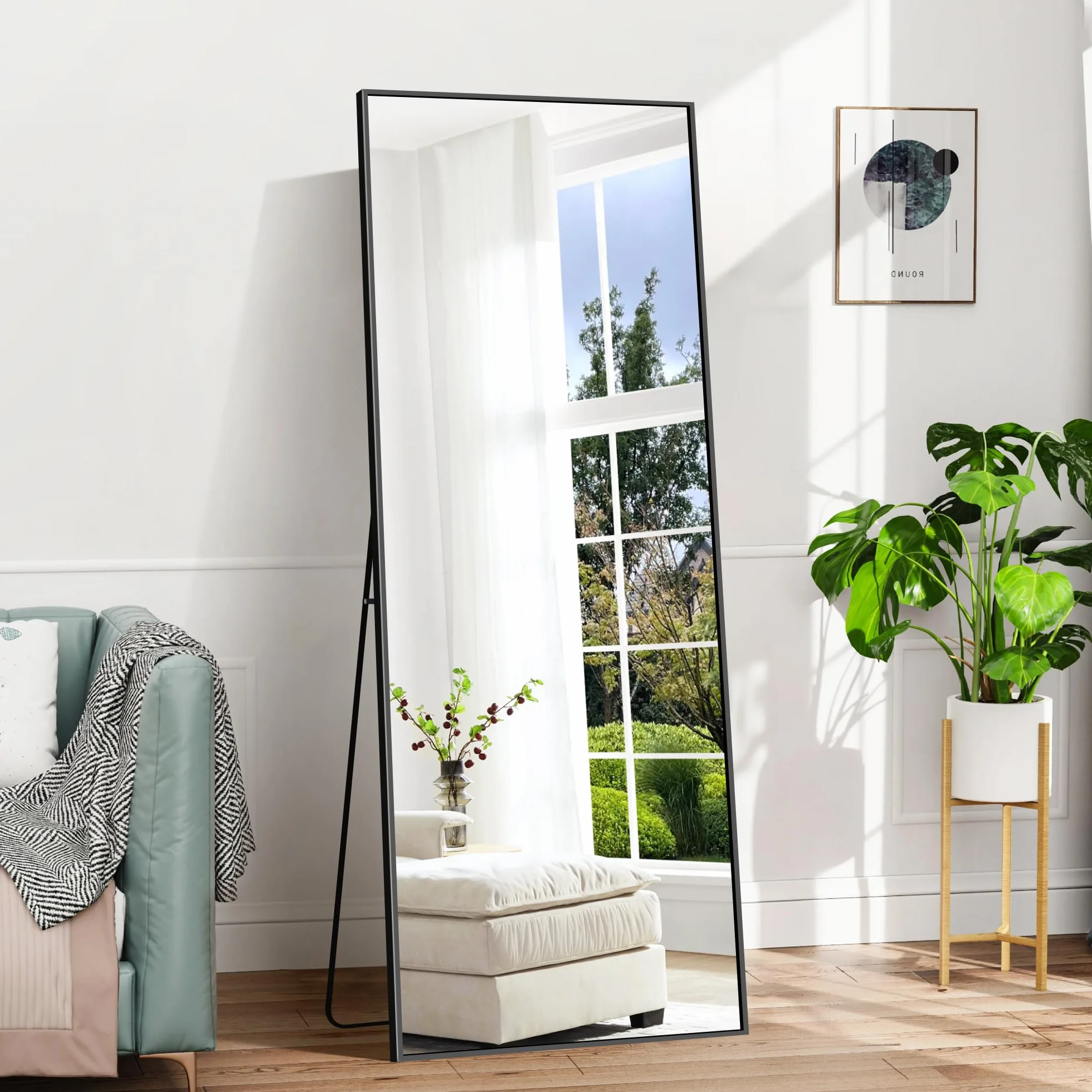 BONEWEI Espejo de Pie 165 x 60 cm, Espejo Rectángulo de Cuerpo Entero con Marco de Aluminio Negro, Espejos Grandes de Pared Inclinado o Colgante para Salón, Dormitorio, Entrada