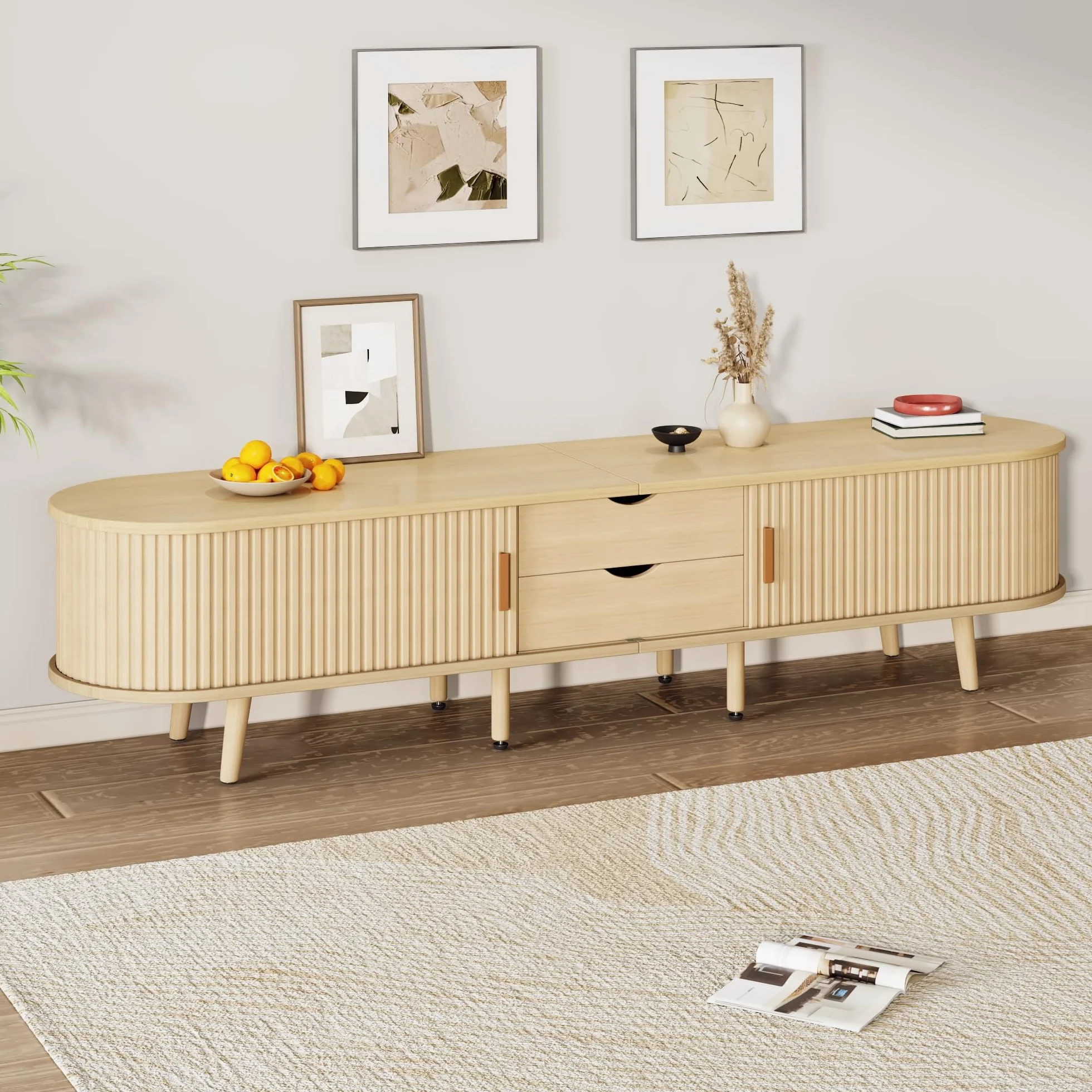 Mueble para TV de salón con espacio de almacenamiento + tablero de fibra de densidad media redonda de grano de madera, 2 cajones, capacidad de carga 30 kg, tamaño 175 x 40 x 42 cm