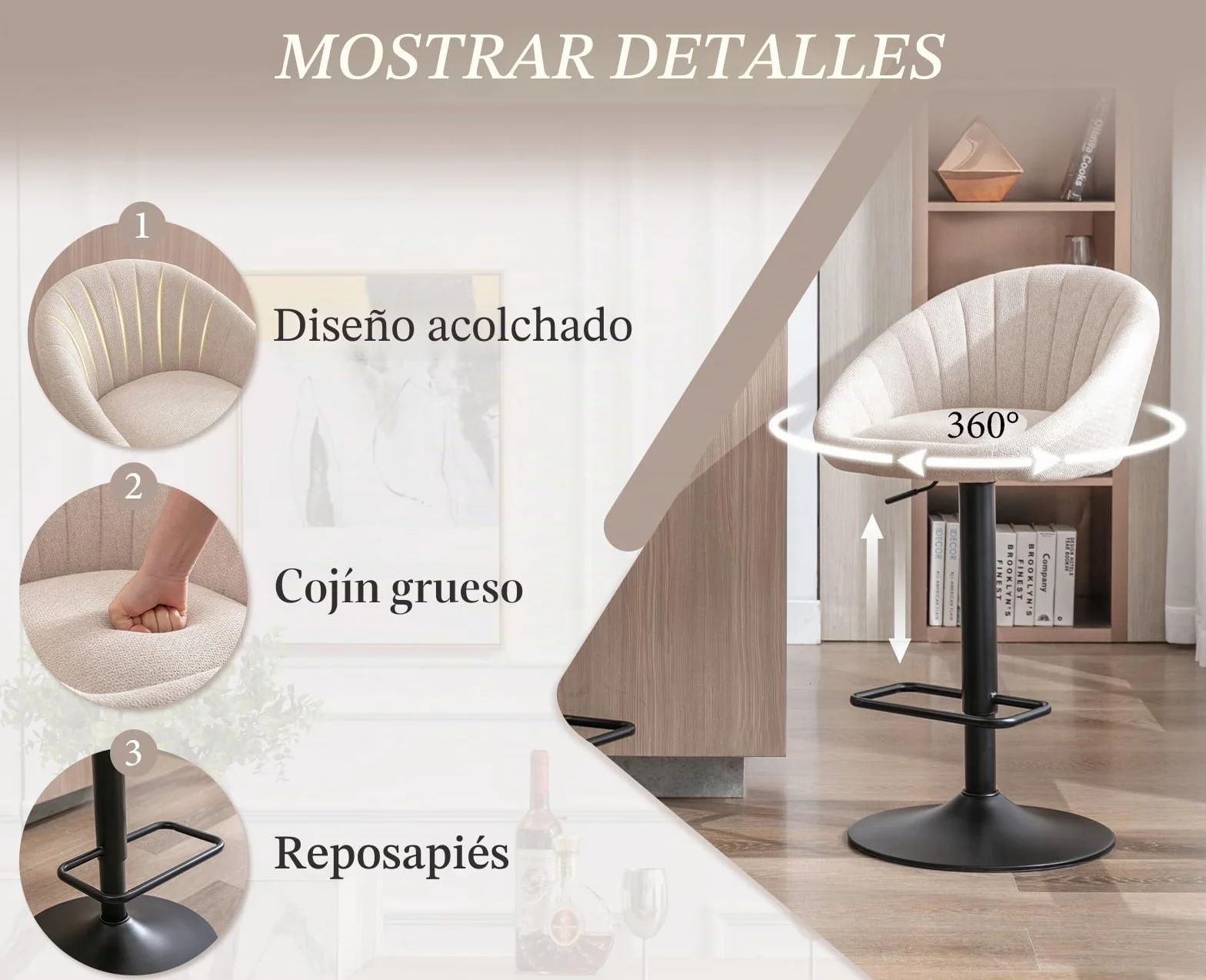 Ya-Home Juego 2 Taburetes de Bar Modernos Taburetes Alto de Cocina con Respaldo,Sillas Bar Giratorios Sillas Altas de Mostrador Regulables para Isla Cocina/Restaurante,Beige