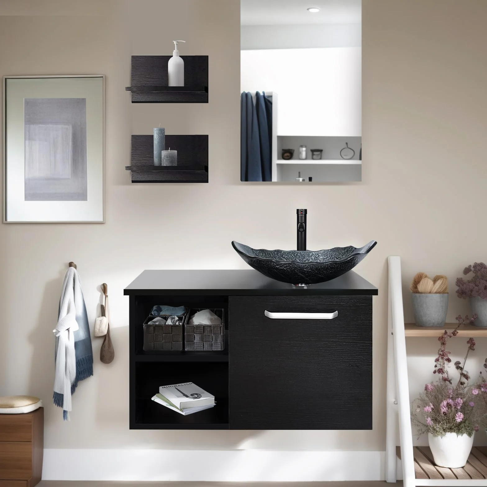 YU YUSING Juego de Muebles de baño, Armario para Debajo del Lavabo, Armario baño con Espejo, 2 estantes Pared, Juego Grifo (Plata)