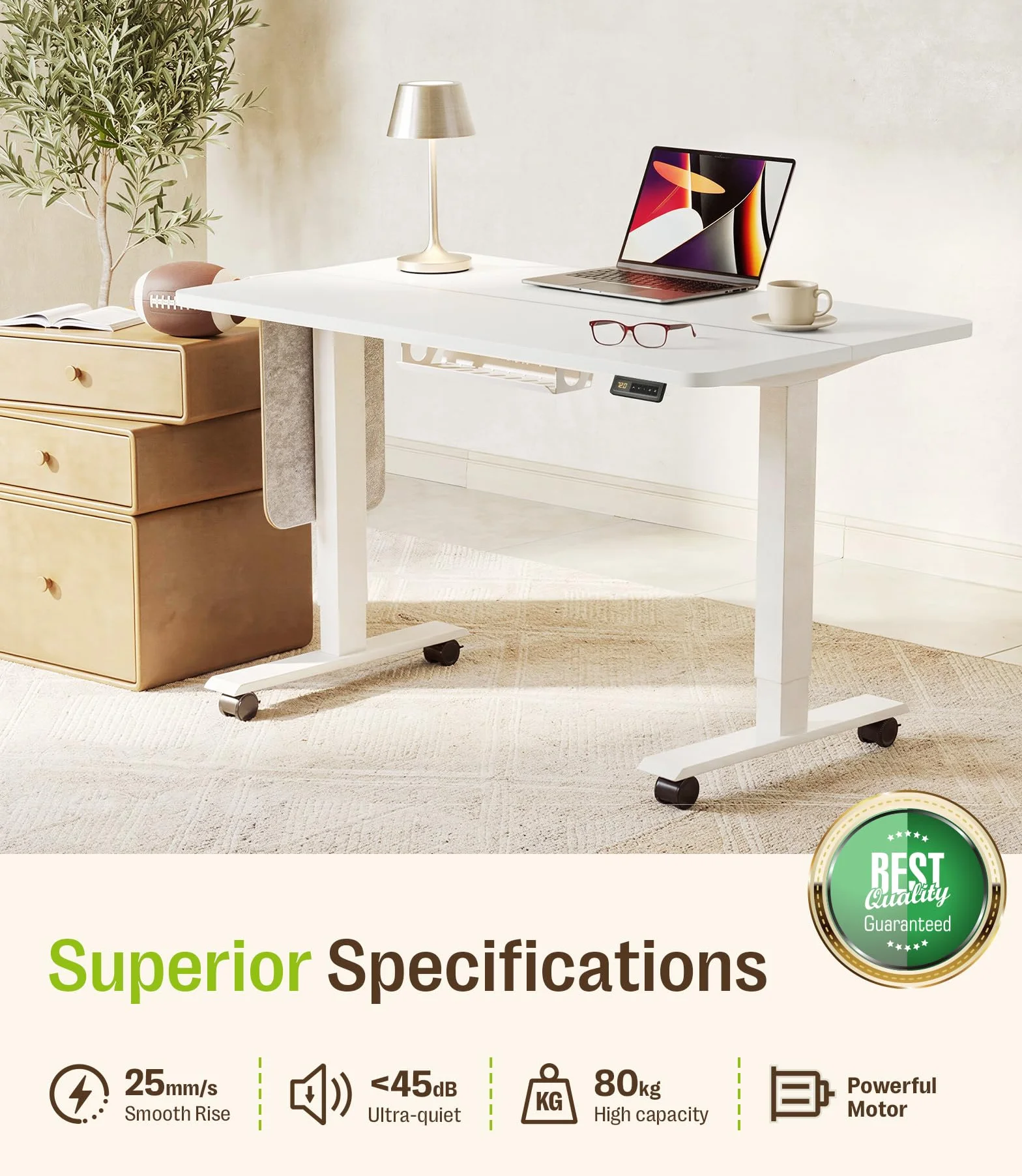 MAIDeSITe Mesa Elevadora Eléctrica de Altura Ajustable, 120 x 60 cm Mesa de Pie y Sentado con Bandeja para Cables, Gancho y Bolsillos de Almacenamiento, Mesa Elevadora con Controlador de Memoria
