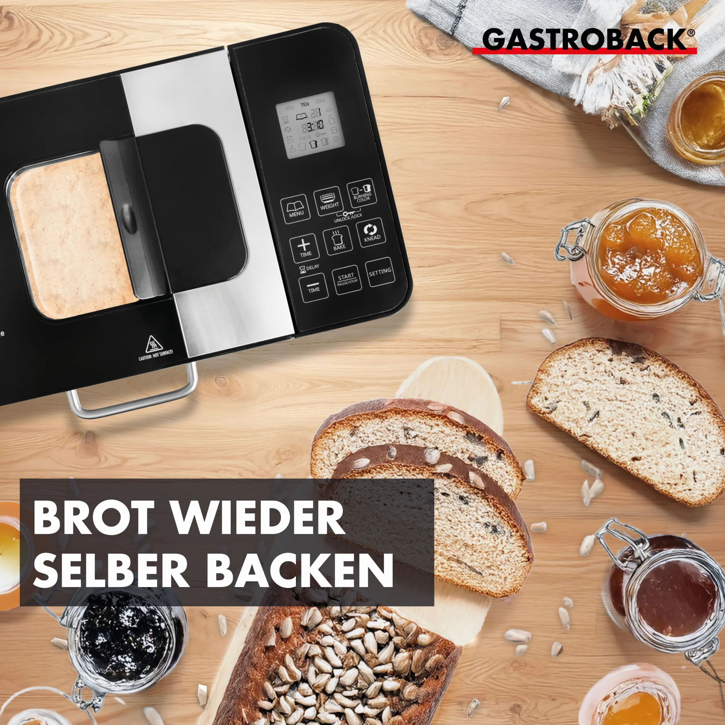 Gastroback 42823- Panificadora semi profesional (Negro, Metálico, 1 kg, Pastel de masa, Pan francés, Masa para pizza, Pan de trigo, 500 g, Sensor, 15 min)