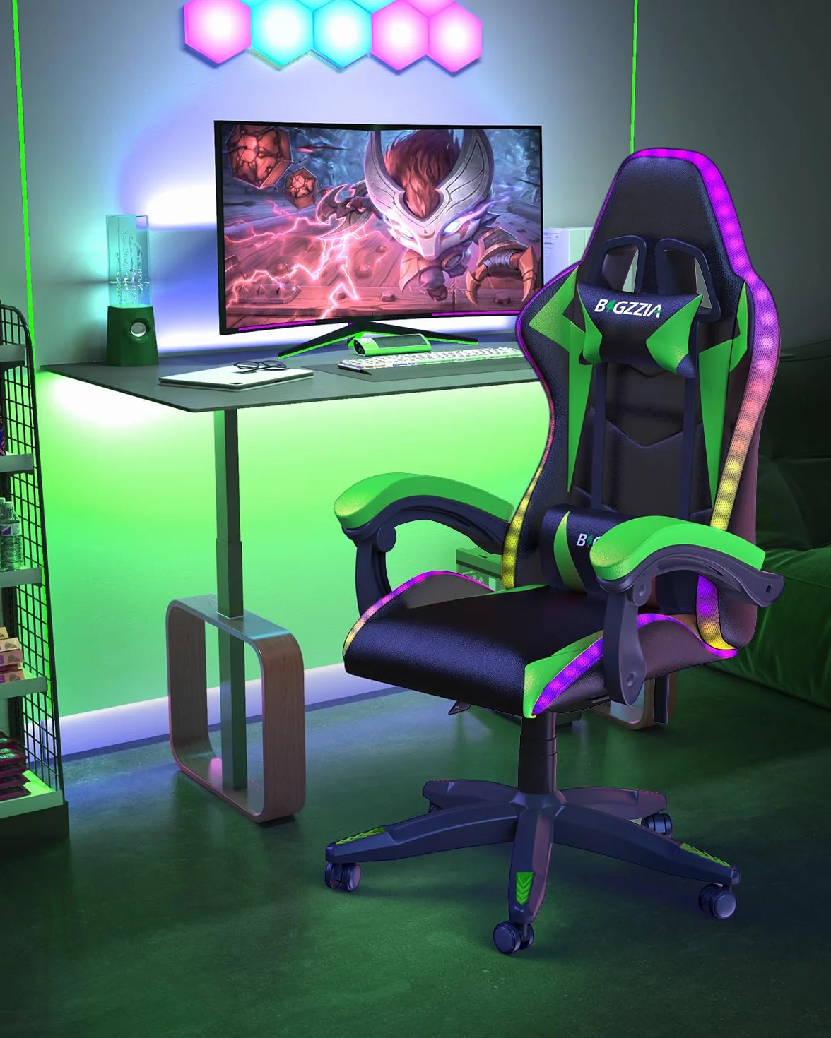 Silla Gaming con Luces LED, Ergonómica, Altura Regulable con Apoyo Lumbar y Reposacabezas, Respaldo Inclinable 155°, RGB Verde