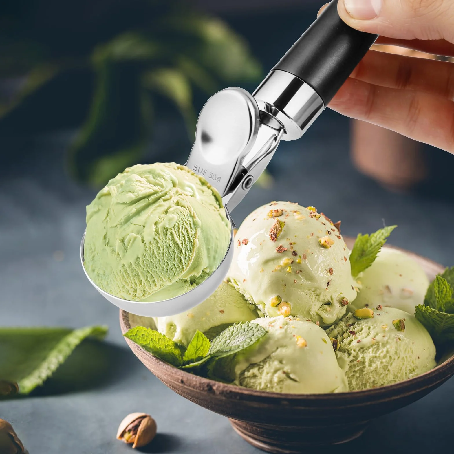 Cuchara Helado de Acero Inoxidable 21 cm, Sacabolas con Gatillo y Mango Cómodo, Pulido Espejo