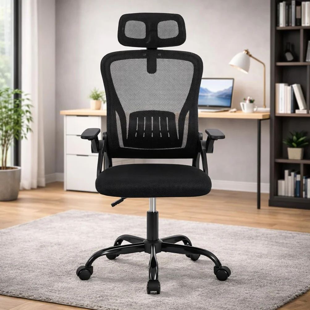 Silla de Oficina Ergonómica con Ruedas Reposacabezas Reposabrazos Ajustables Soporte Lumbar Respaldo de Malla Transpirable Altura Regulable