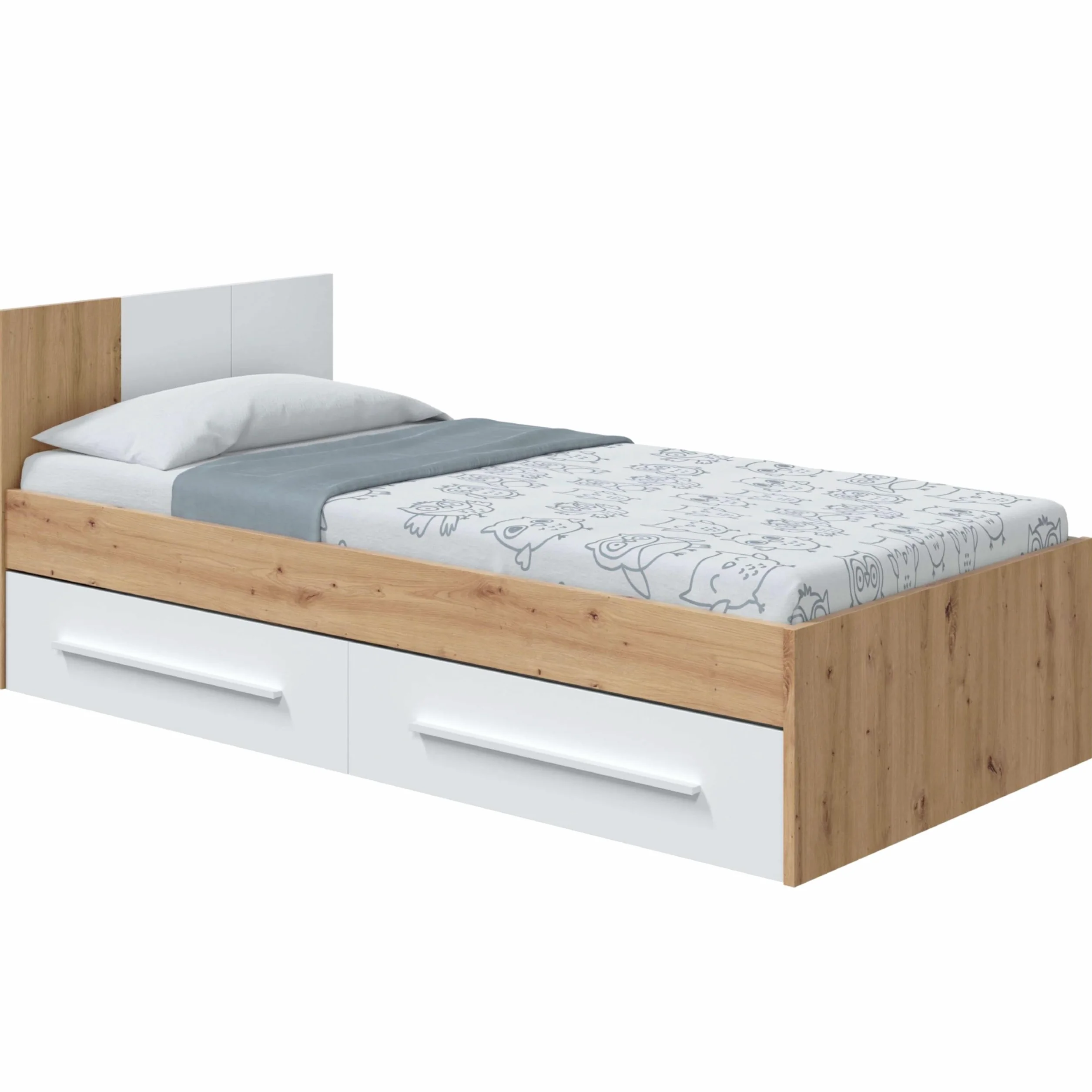 Habitdesign – Cama Individual Juvenil con 2 Cajones, Reversible, Color Blanco Artik y Roble Nodi, 196x97x77 cm – Modelo Noa (Sin Somier)