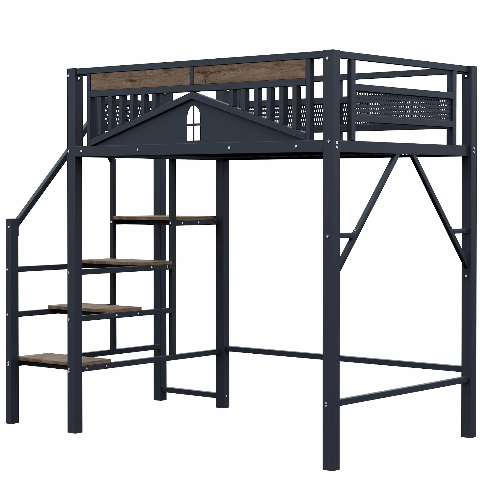 SACOOL Cama alta de metal de 140 x 200 cm, forma de carcasa única con diseño de ventana, con escalera de seguridad, mucho espacio debajo de la cama, color negro