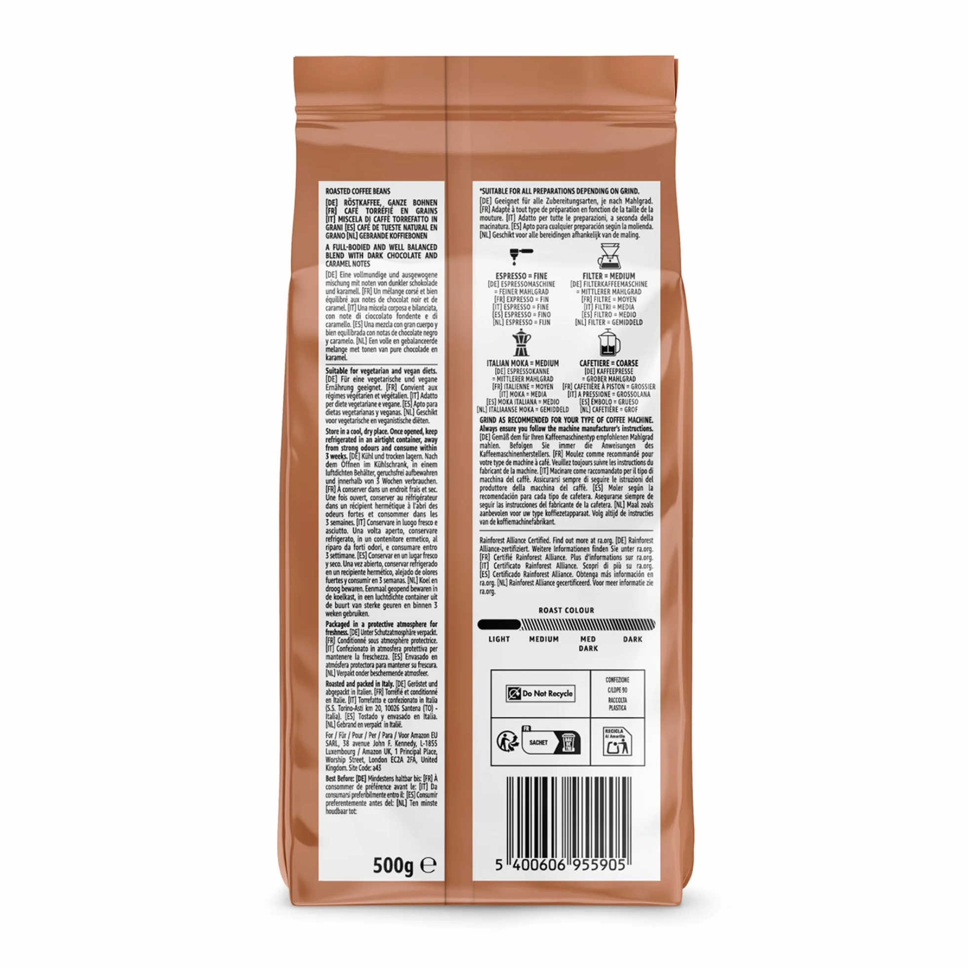Café en grano Natural Espresso crema, tueste claro, Rainforest Alliance, 500 g (Paquete de 2)