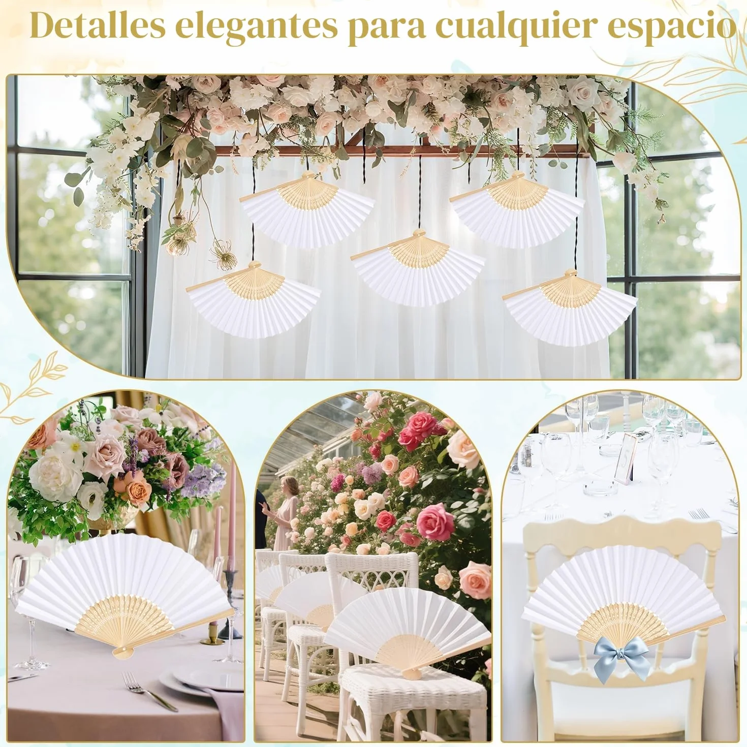 iZoeL 12 Abanicos Blanco Boda Invitados Mano, Abanicos de Papel Plegables con Varillas de Madera, Incluye 12 Bolsas de Organza, Detalles Bodas Invitados Fiesta Verano