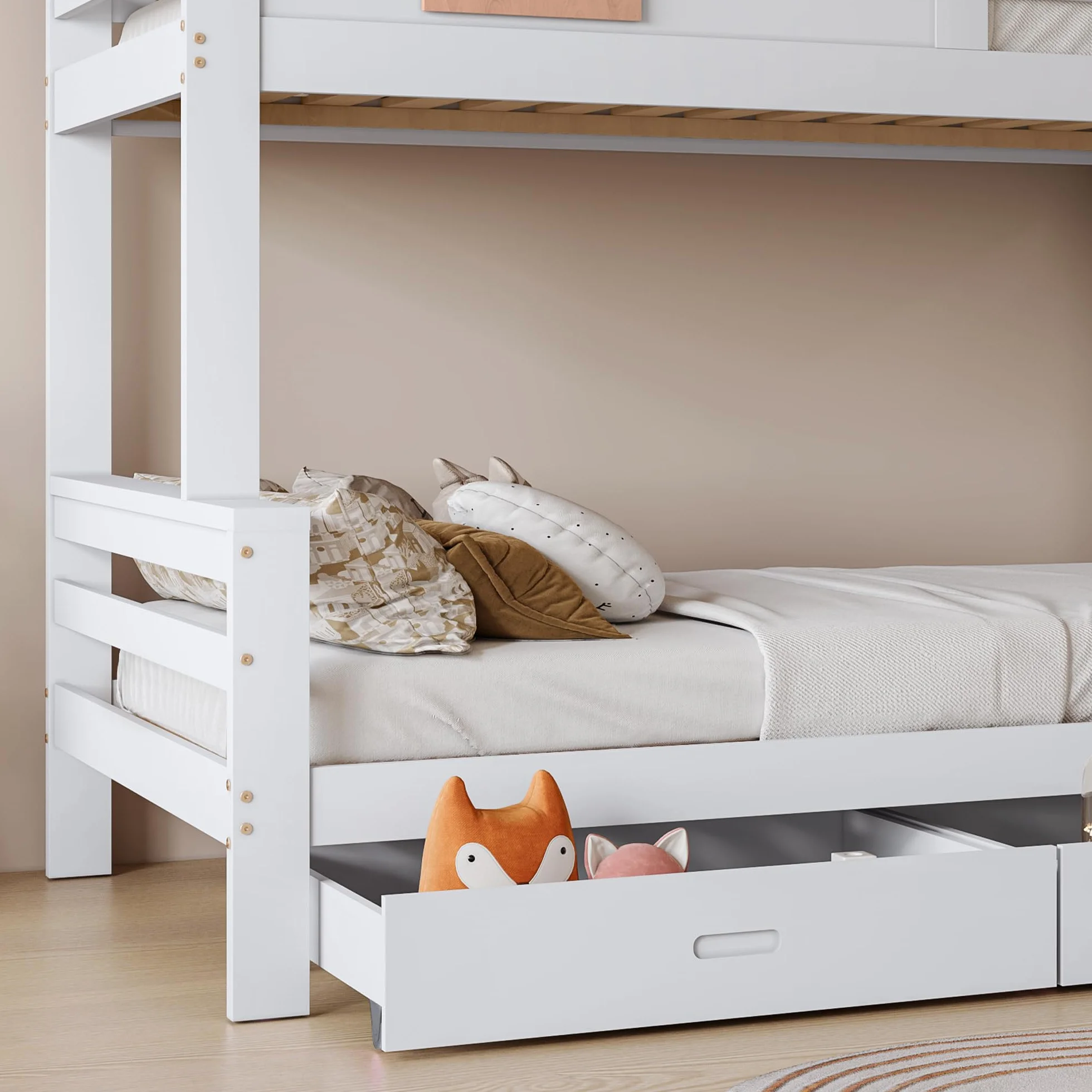Moimhear litera con ventanas características y escalera basculante de cuatro niveles, cama para niños y madre con tobogán, con dos cajones, estructura de cama de madera maciza, color blanco, 90x200 y