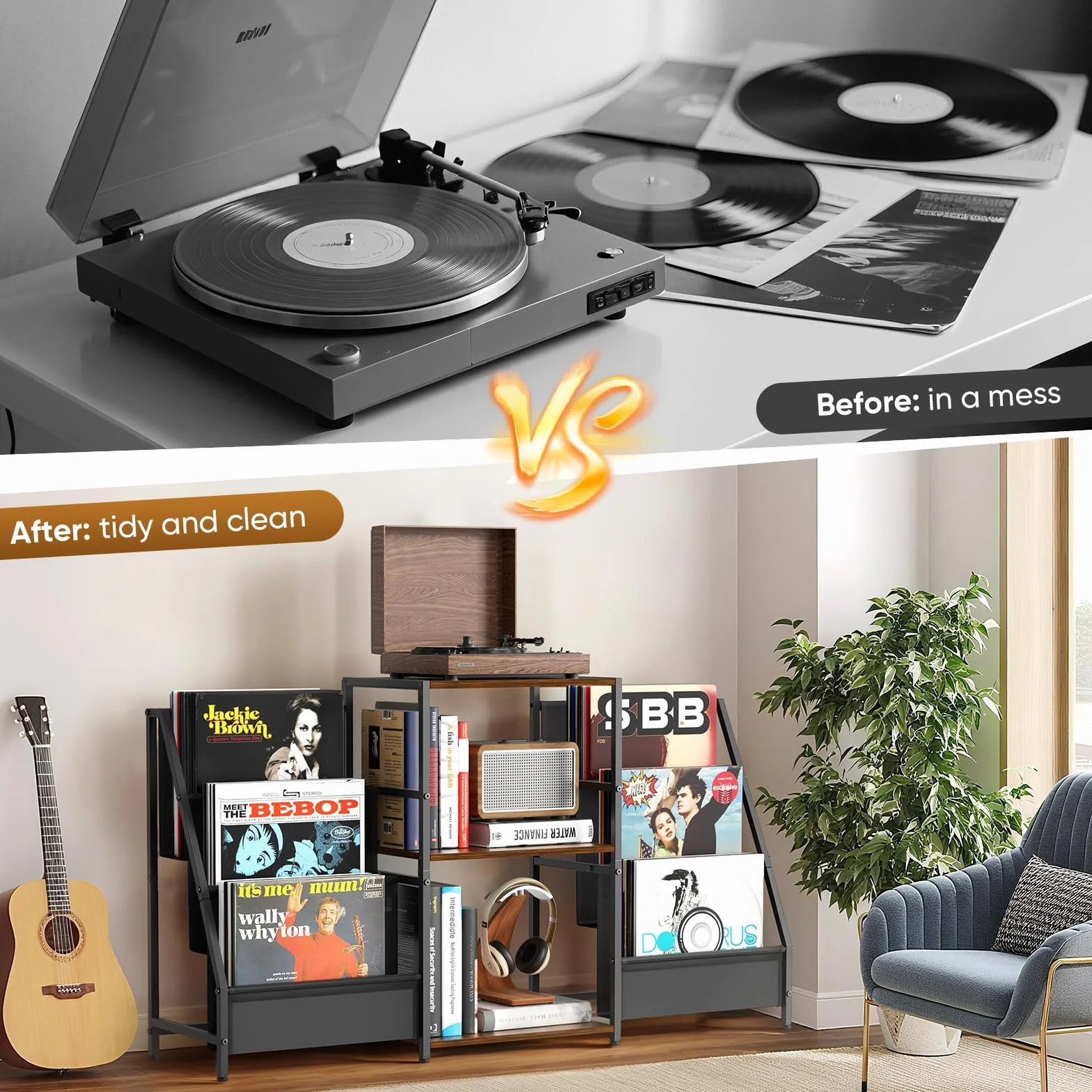 Soporte tocadiscos mesa auxiliar 3 niveles almacenamiento vinilo 200 álbumes 123 x 30 x 73 cm