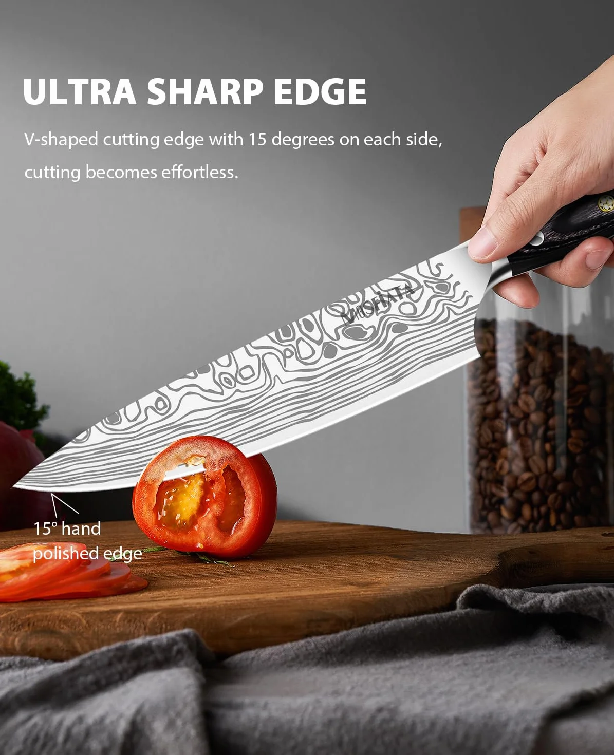 MOSFiATA Cuchillos de Cocinero Profesional, 20cm, Acero Inoxidable Alemán con Afilador, Protector de Dedos y Funda, para Fruta, Verduras y Carne