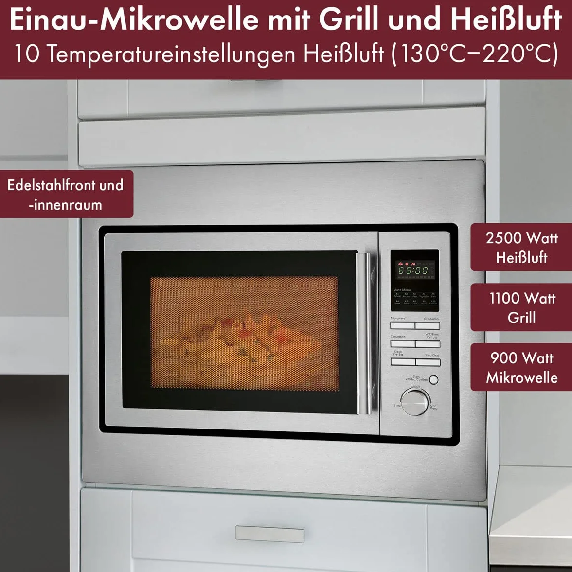 Microondas encastrable Bomann 3en1 con grill y convección,25 L de espacio de cocción, 10 programas automáticos,incl. rejilla grill y plato giratorio (Ø 32 cm),900 vatios,acero inoxidable,MWG 2216 H EB