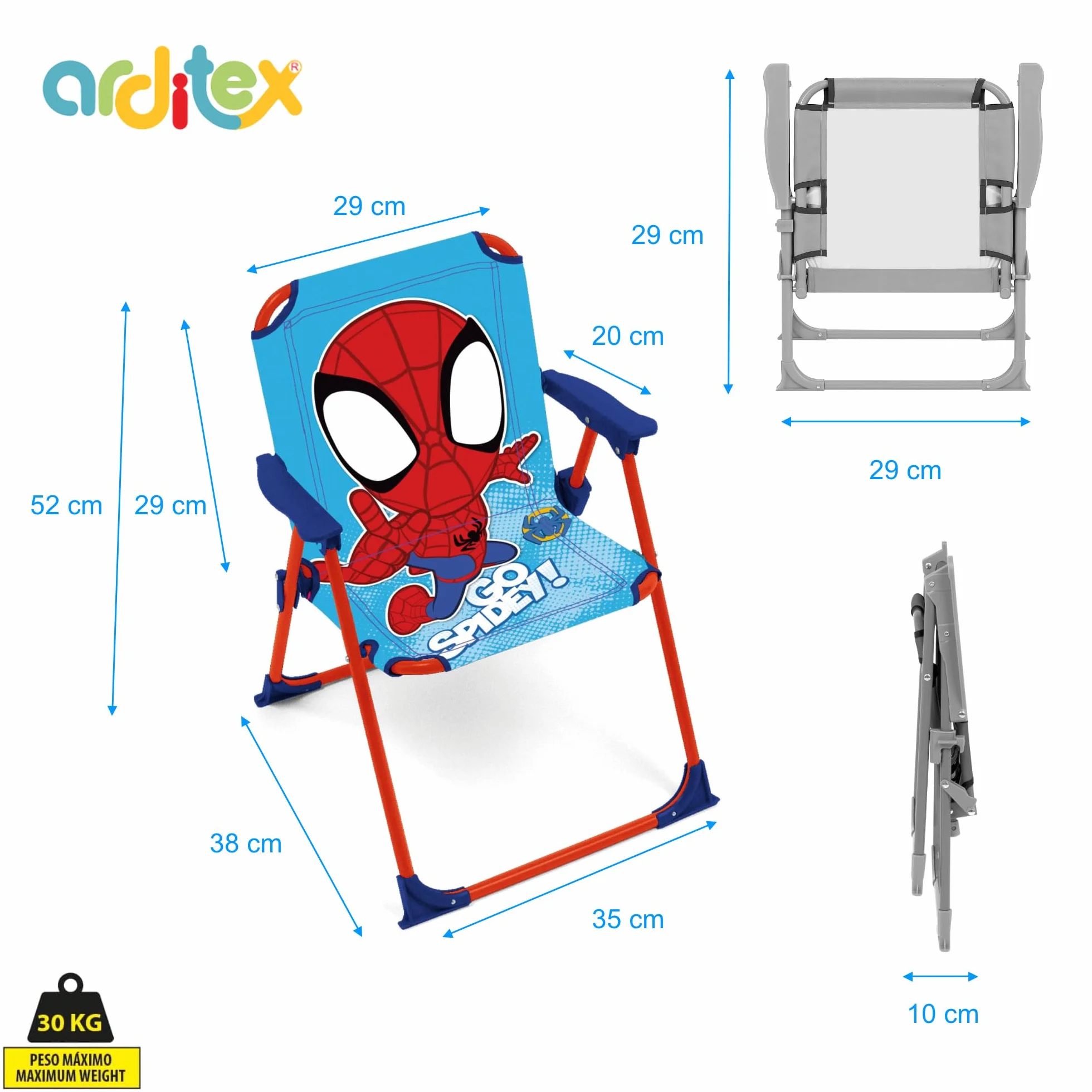 ARDITEX Silla Plegable con Brazos de Spiderman Go Spidey de Marvel - 38x32x53cm - Adecuado para jardín, Camping, Playa o montaña - Ideal para niños y niñas.
