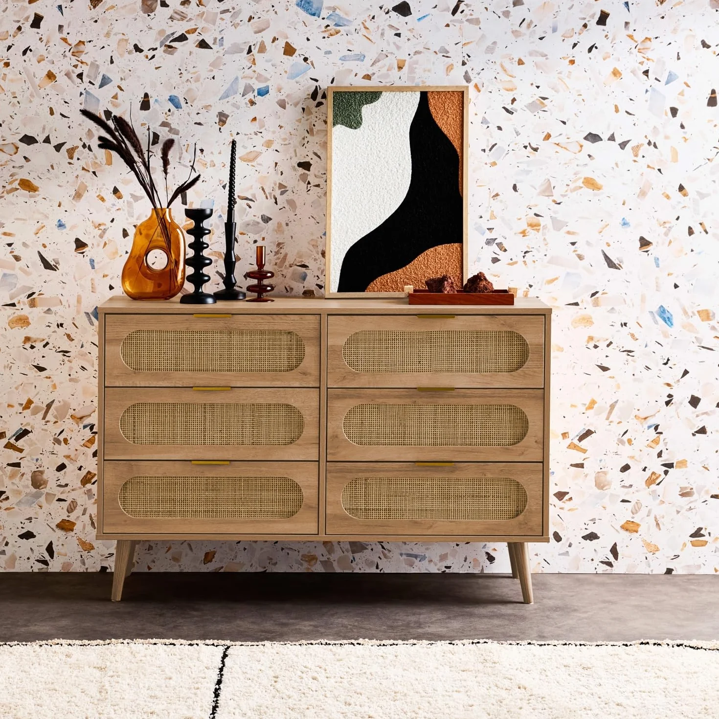 sweeek - Cómoda de Madera y caña Redondeada, 6 cajones, Eva, Natural, 120x39x79 cm