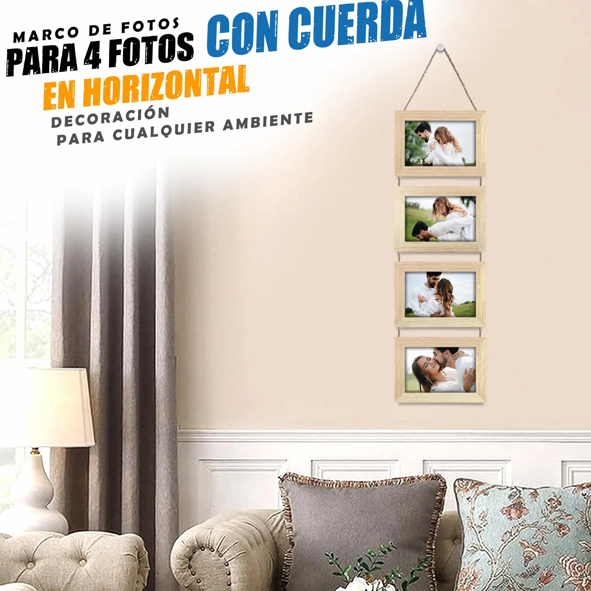 Portafotos Múltiple Decorativo Madera Cuerda Collage Colgante 4 Fotos 10x15 cm Roble Natural