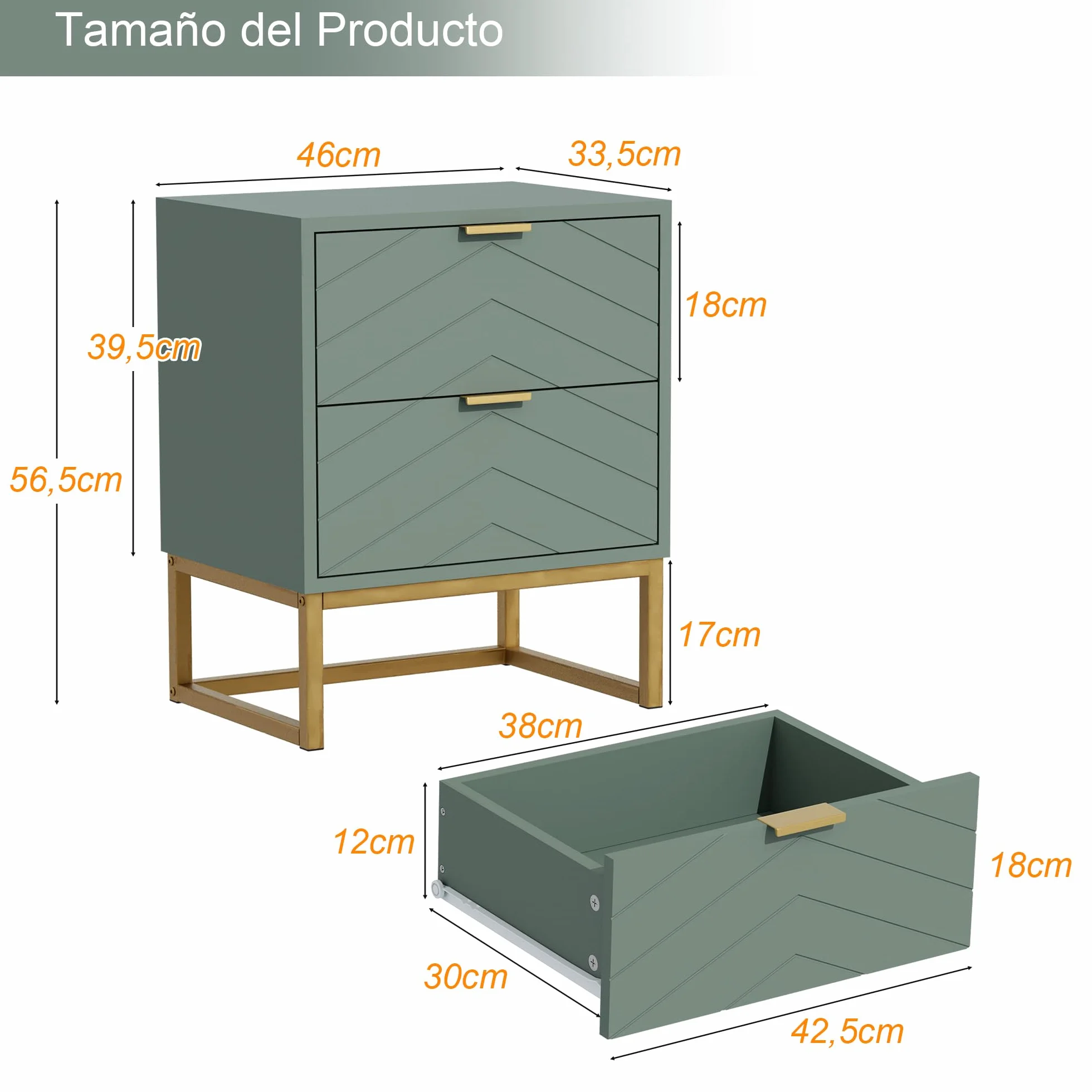 UEV Juego de 2 Mesillas de Noche con Diseño en V, Muebles de Dormitorio con Asas y Patas de Metal, Mesilla de Noche Moderna y Estable, 46 x 33,5 x 56,5 cm, Verde