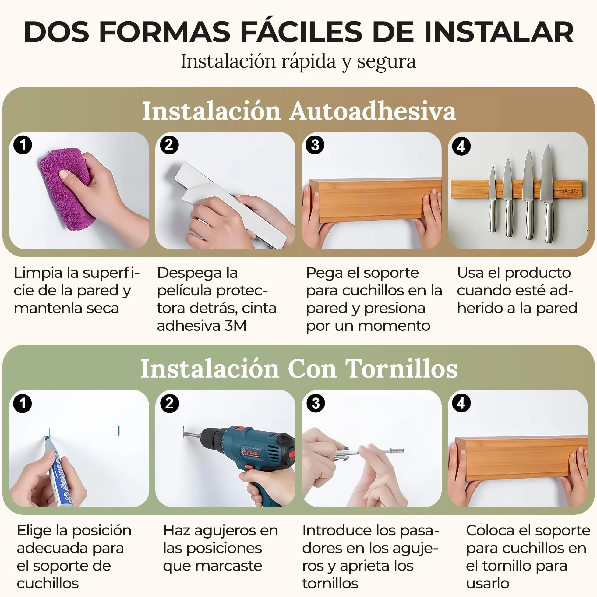 Barra Magnética Cuchillos Pared 40 cm Imán de Cocina Bambú Natural Extra Fuerte Porta Cuchillos Adhesivo Tornillos Organizador con Afilador