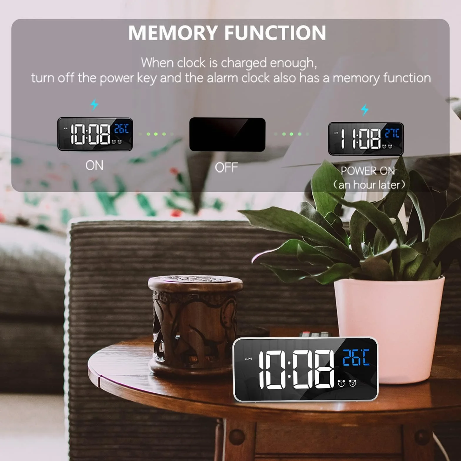LATEC Reloj Despertador Digital LED con Espejo, Doble Alarma, Temperatura, USB, 10 Melodías, Brillo Ajustable, 12/24H Blanco
