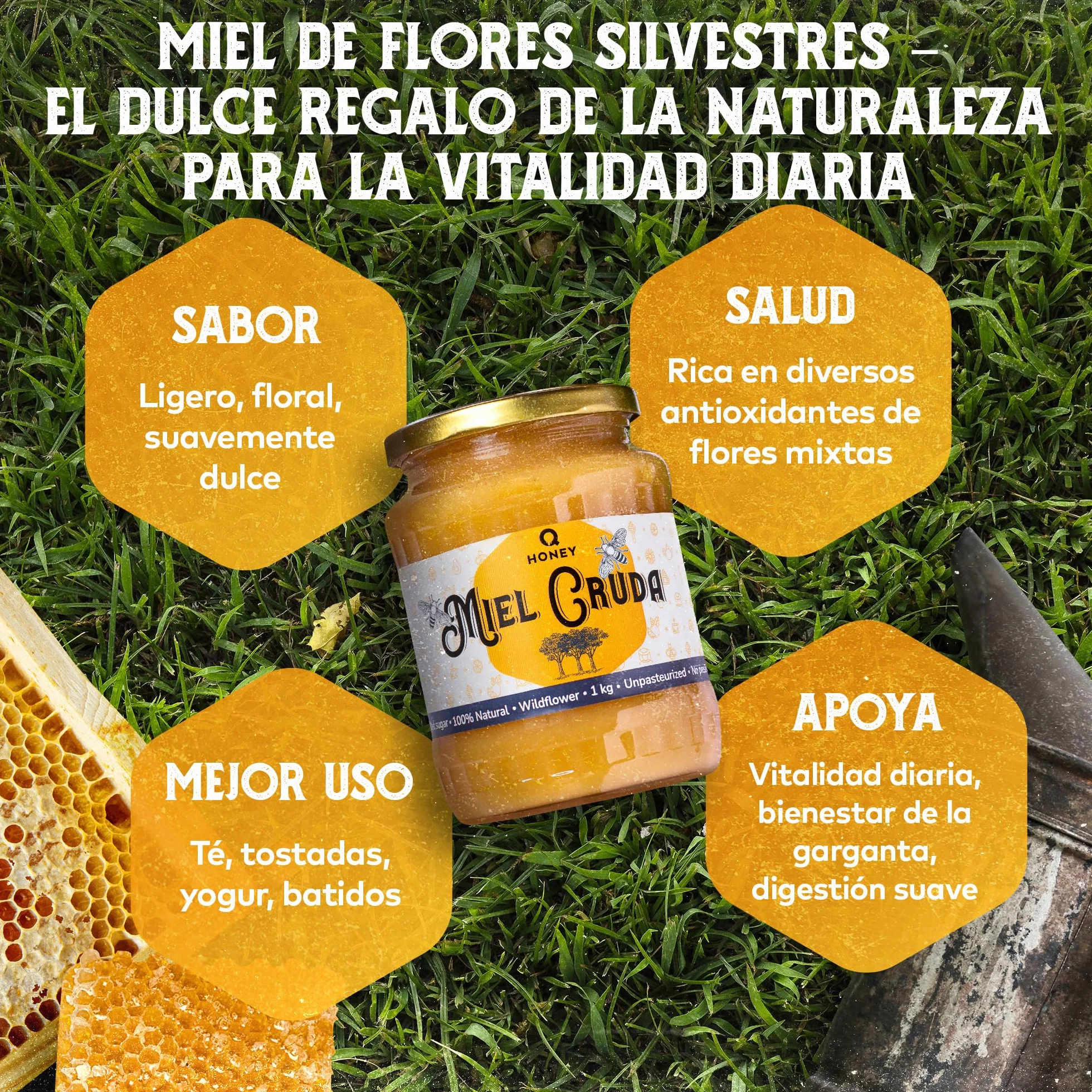 Miel Pura de Abeja 1kg Cruda Natural sin Pasteurizar - Qhoney Ganadora de Oro Paris Raw Honey Awards 2025