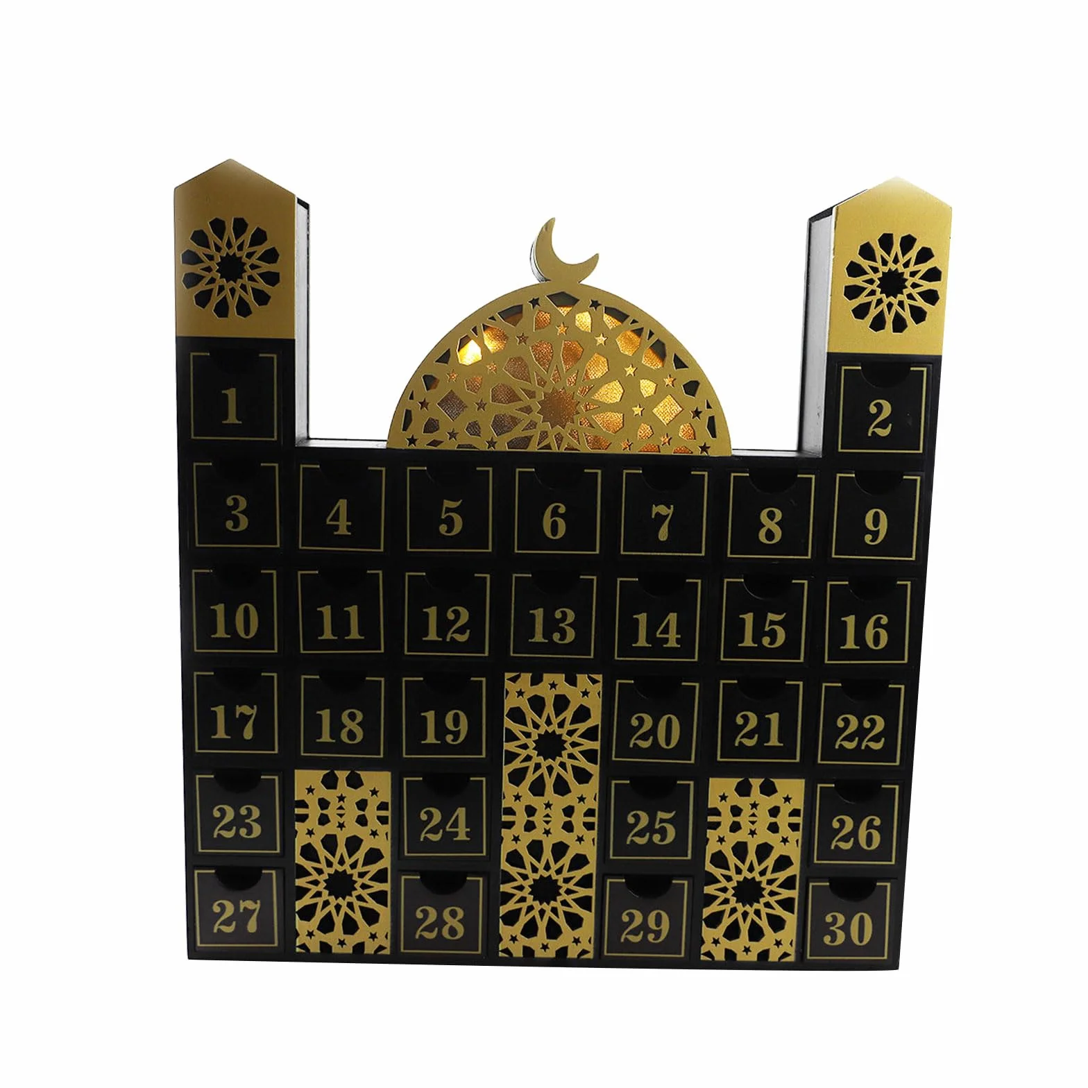 Eid - Calendario de cuenta regresiva de madera con iluminación LED, calendario de Adviento para niños y adultos, decoración del hogar y fiesta