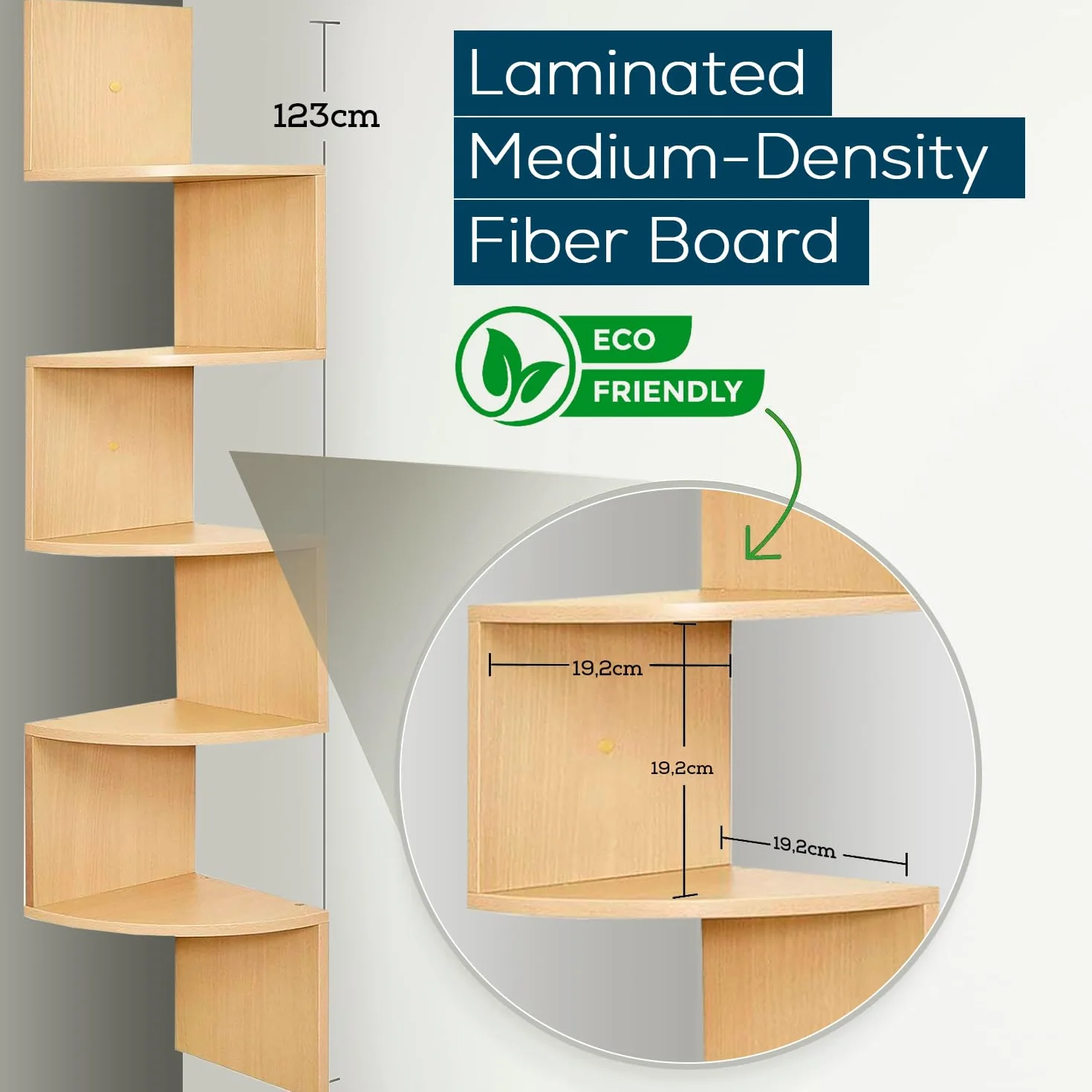 edihome, Estantería Esquina Pared, 5 Baldas,123 x 19,2cm, Madera Natural, Esquinera, Decoración, Estante Salón, Certificación Europea (Madera)