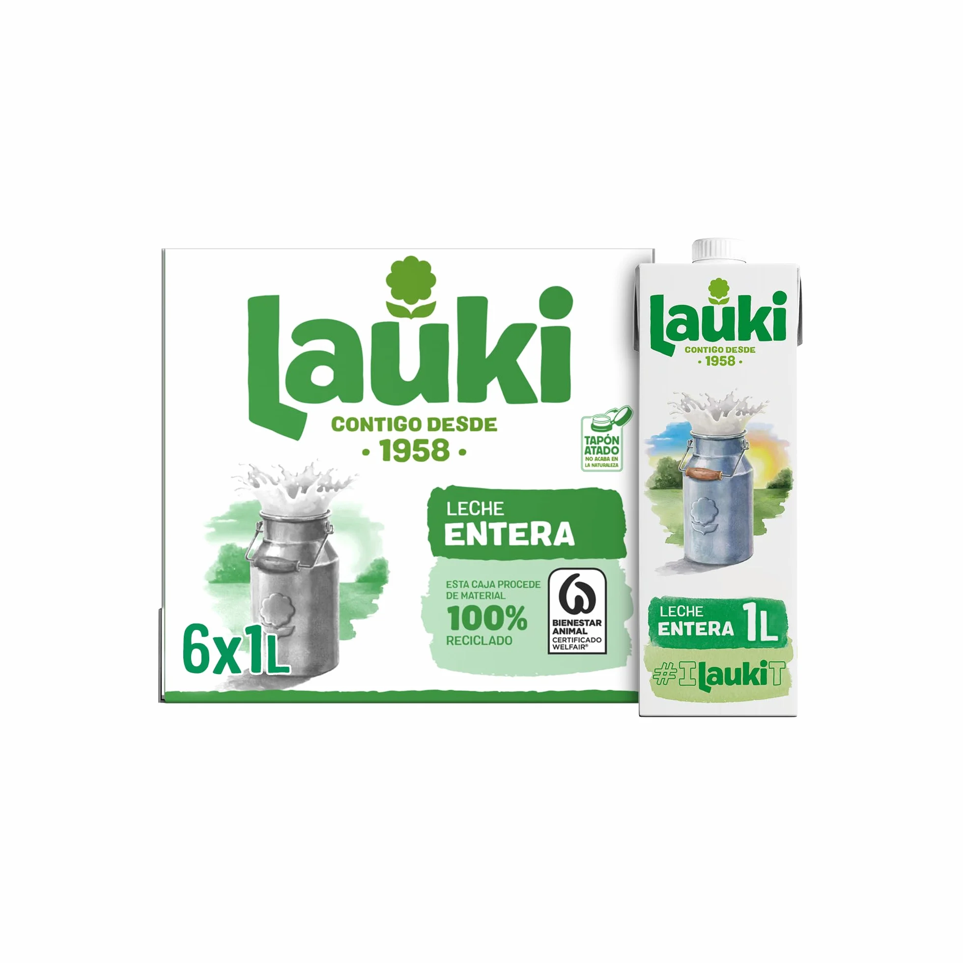 Lauki Leche Entera Bienestar Animal Sin Azúcar Añadido Sin Gluten Brik UHT Pack 6 x 1L