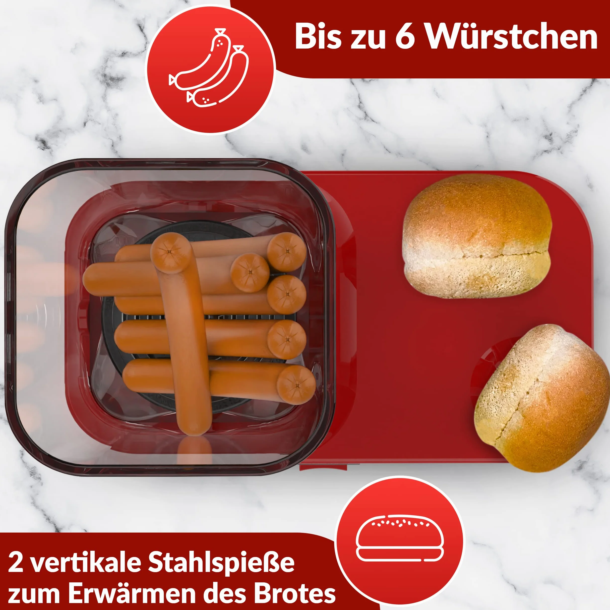 Hot Dog Maker con 2 calentadores de panecillos - Máquina para 6 salchichas - Recipiente térmico extraíble - Calentador de salchichas eléctrico con pinchos de acero inoxidable para calentar panecillos