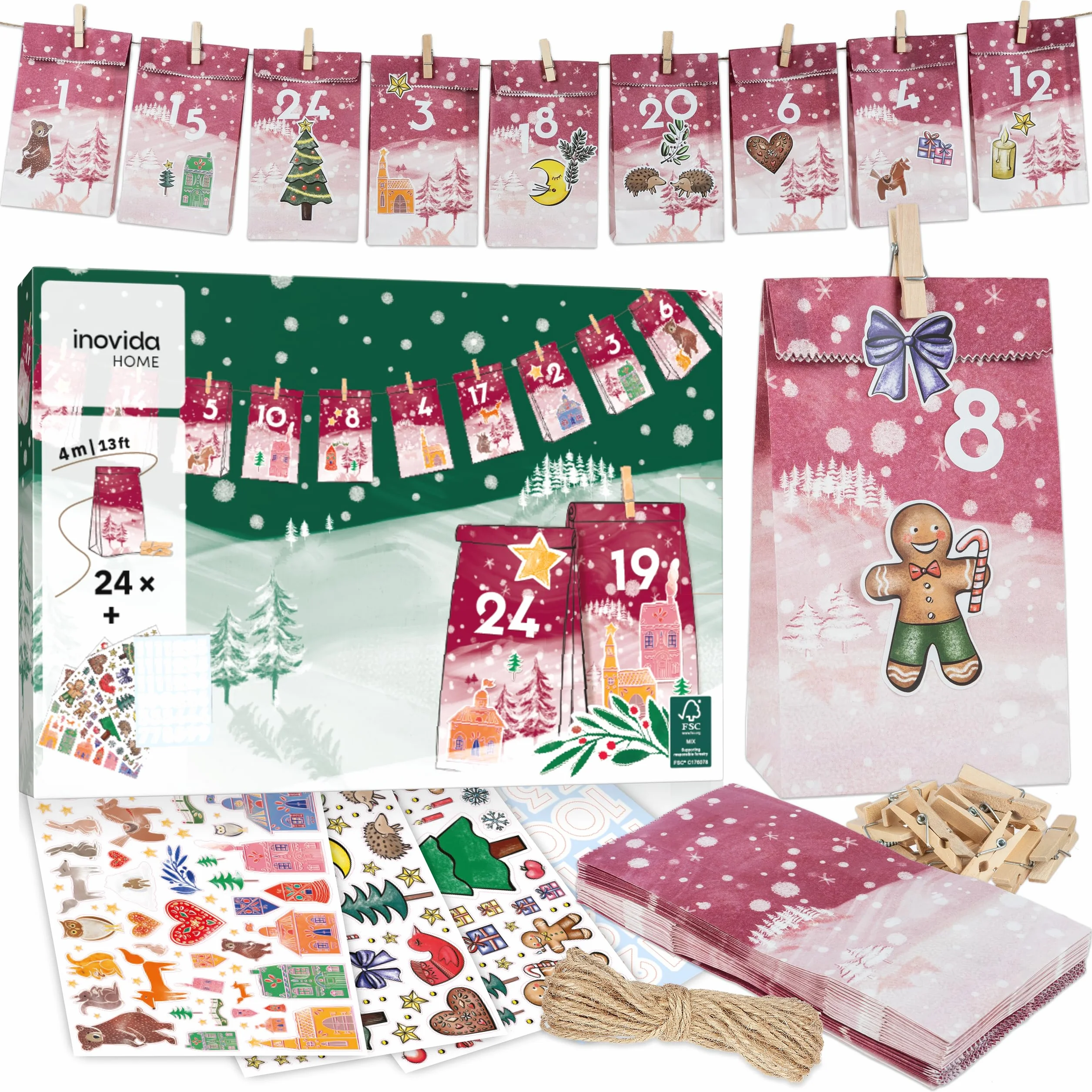 Calendario de Adviento 2025 para Rellenar DIY - Bolsas de Papel con Números Adhesivos Colgables - Inovida