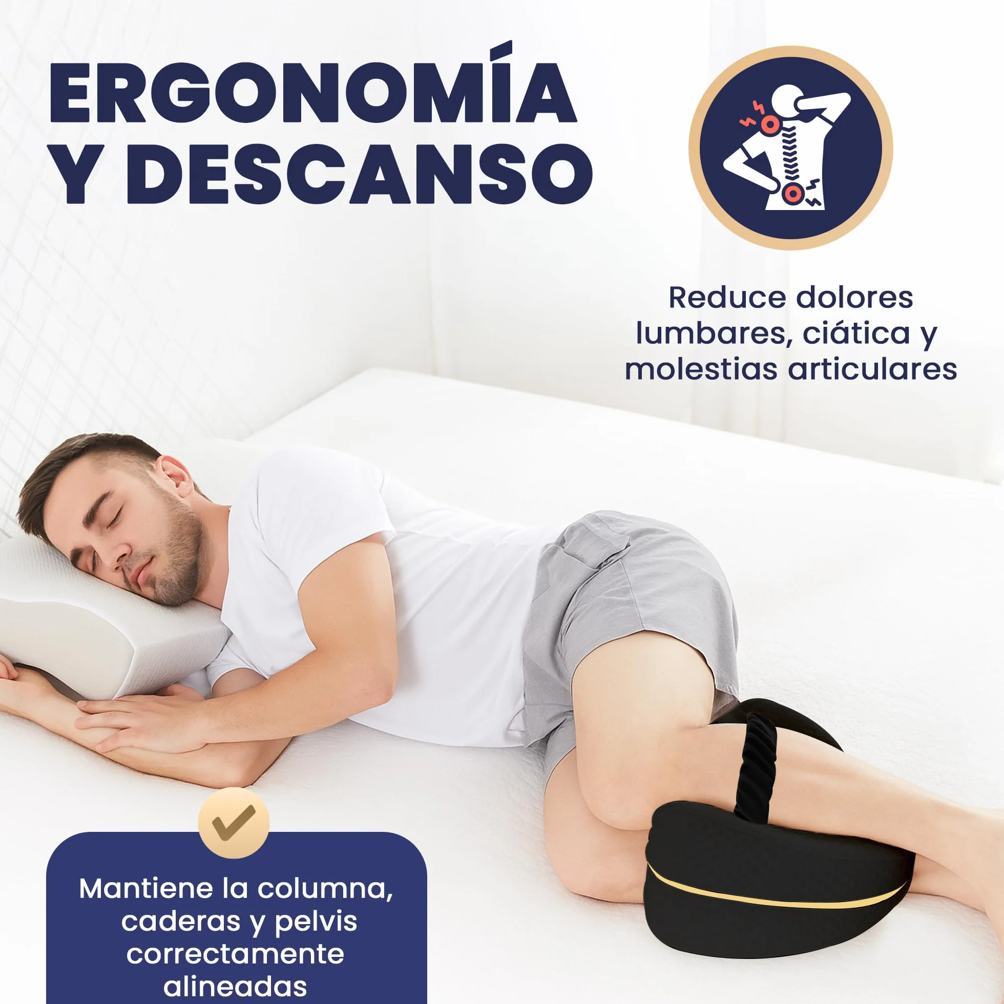 VASSL Almohada Piernas Dormir - Cojin para Dormir Entre Las Piernas con Espuma de Memoria - Soporte para el Tobillo y la Rodilla - Almohadilla para Dormir de Lado.