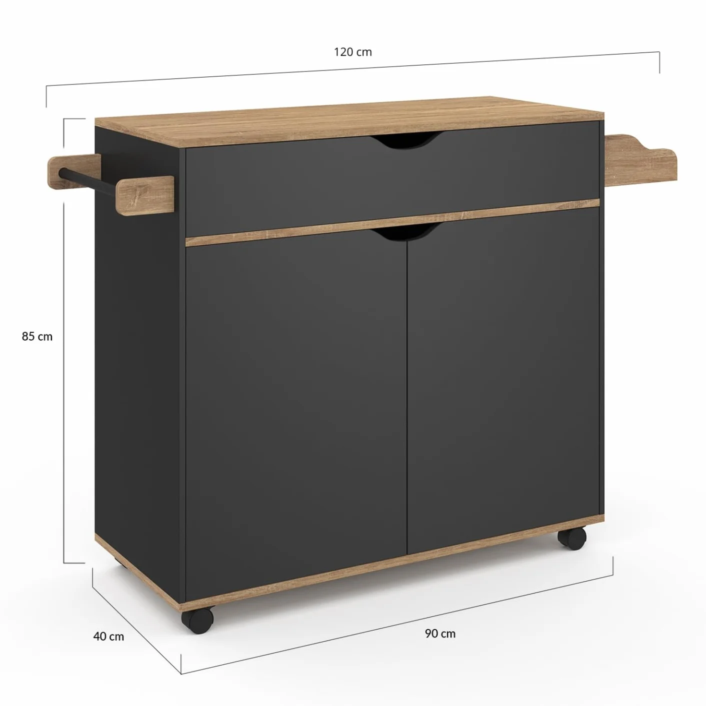 IDMarket – Postre de cocina COSY XXL armario con cajón negro y bandejas de haya, 90 cm