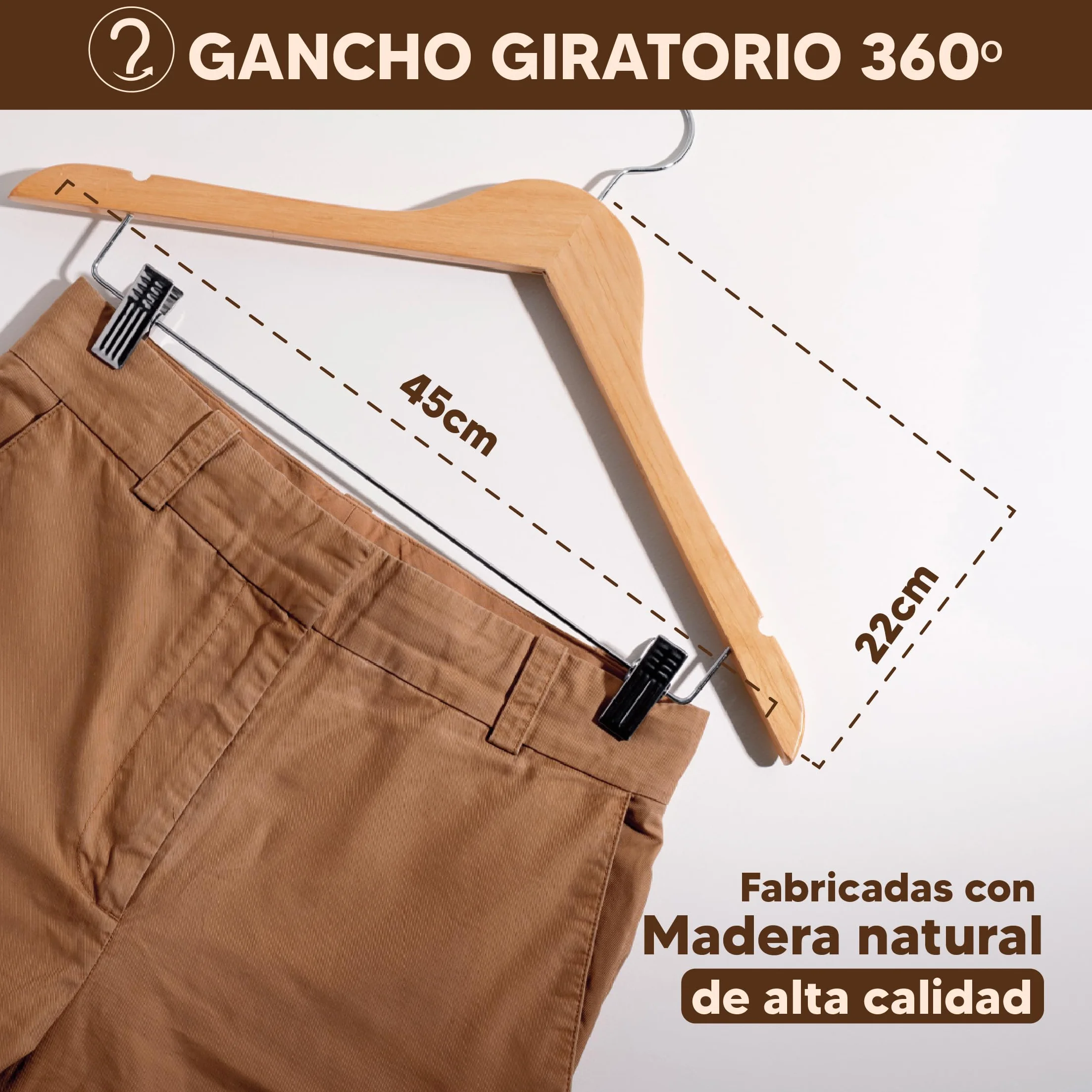 40X Perchas Madera Natural Maciza para Ropa - Perchas de Madera con Gancho Giratorio 360º - Perchas para Pantalones, Camisa, Traje, Vestidos - Colgadores de Ropa Antideslizante para Hogar