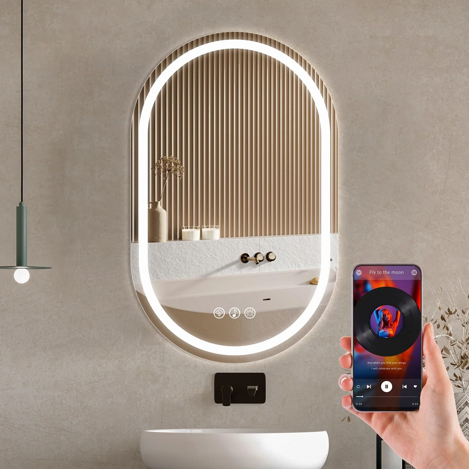 Ratsamee Bluetooth Espejo de Baño Ovalado con Luz 50x80cm, Espejos de Baño con LED con Antivaho, Regulable, 3 Colores Luz, Función Memoria