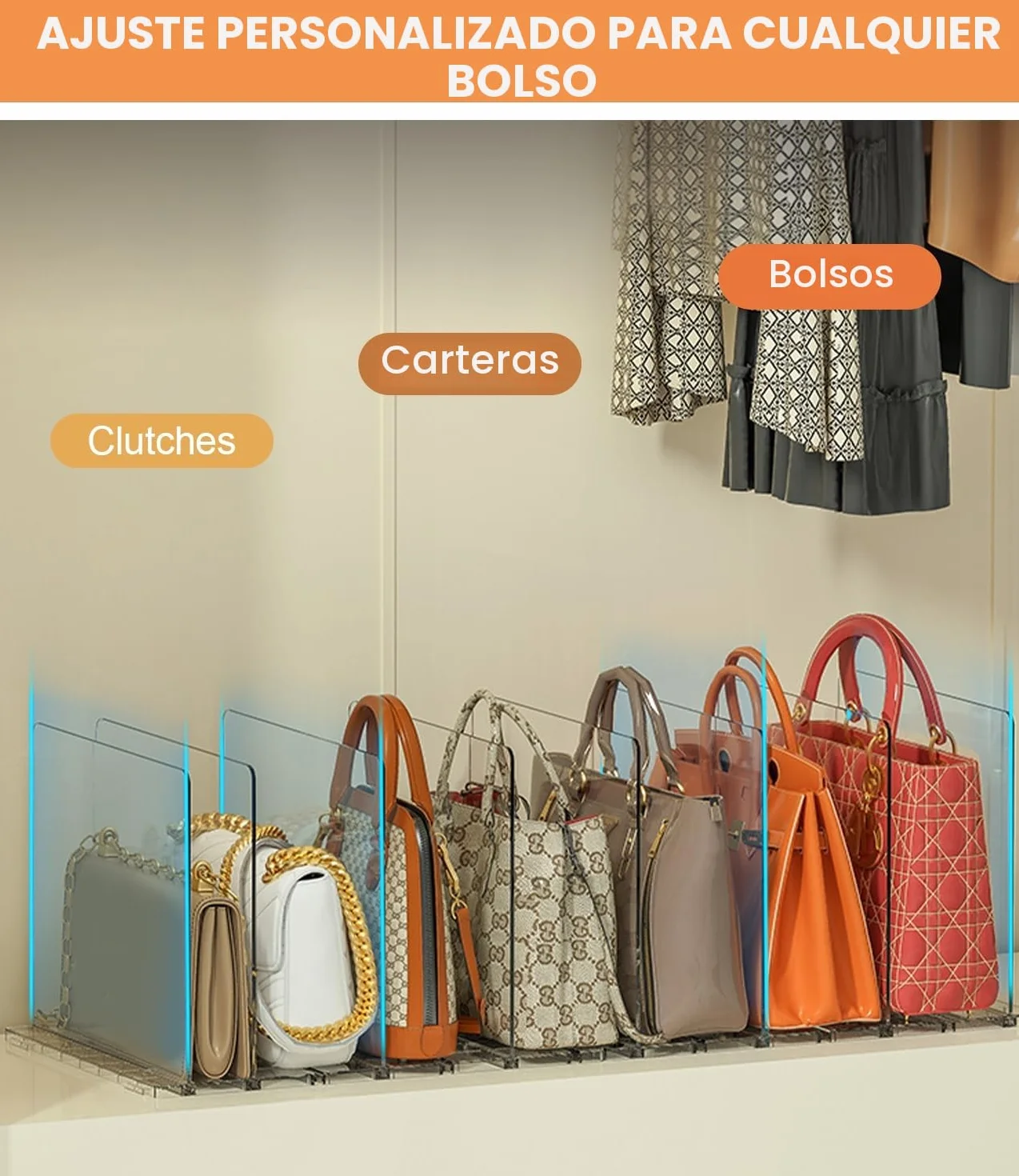 Set de 10 Separadores de Bolsos, Organizador de Armario Ajustable con Base Ranurada y Divisores, Ideal como Organizador de Armario y Bolsos de Mujer, También para Cocina, Baño y Escritorio