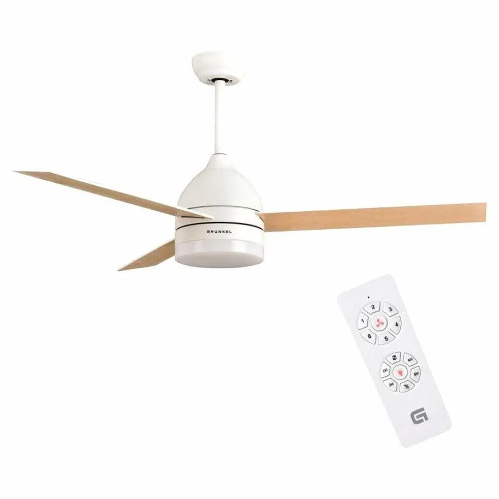 Grunkel - Ventilador de Techo con luz LED y aspas instalación reversibles blanco y madera - Mando a distancia. 6 velocidades. Temporizador 8h - 35W